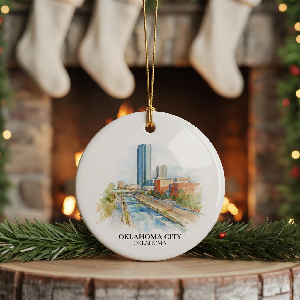 Oklahoma City Oklahoma Personalized Watercolor Ornament, Custom Ceramic Christmas gift, Travel Keepsake - CuteBeePix