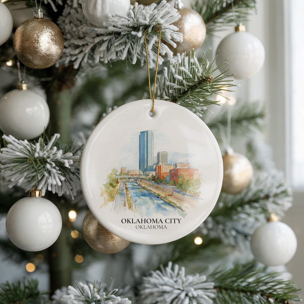Oklahoma City Oklahoma Personalized Watercolor Ornament, Custom Ceramic Christmas gift, Travel Keepsake - CuteBeePix