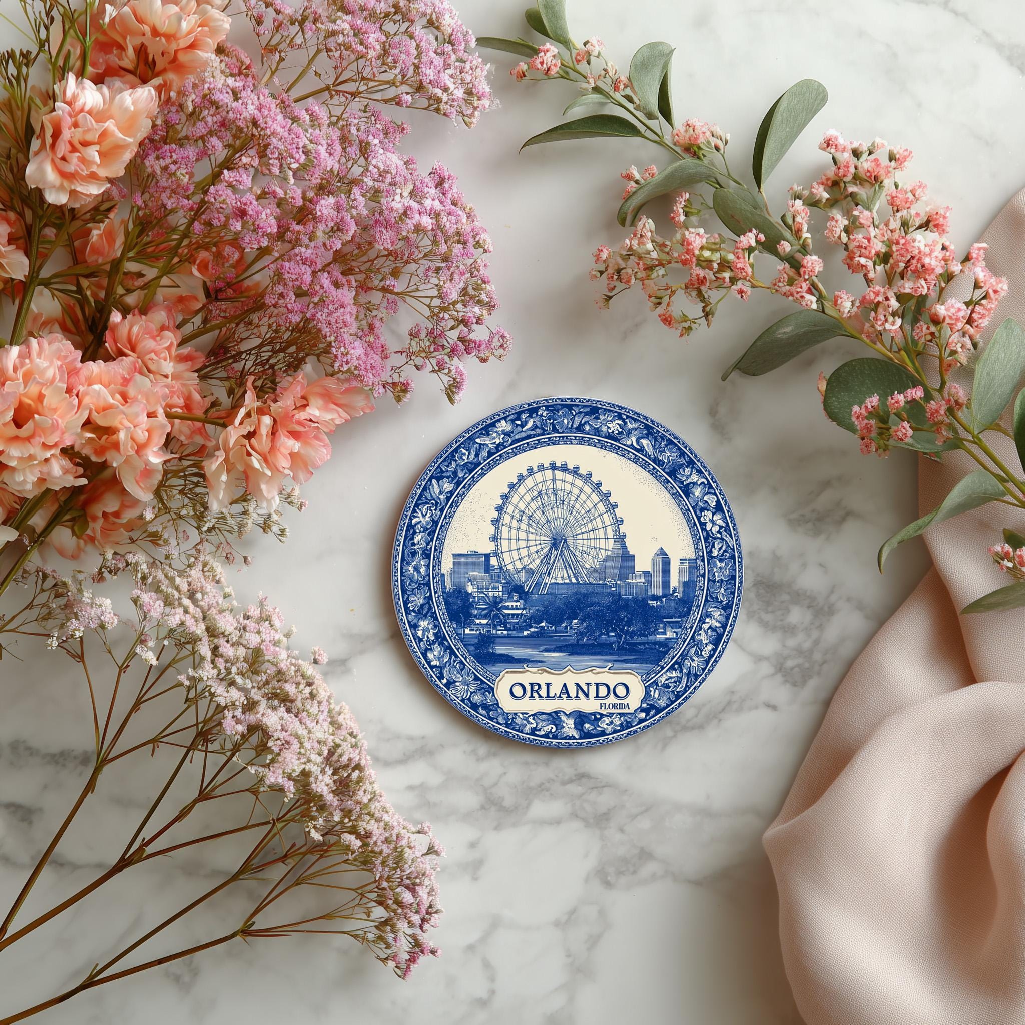 Orlando Florida Delftware Ceramic Coaster, Blue White Travel Gift, Vintage Home Decor Collectible - CuteBeePix