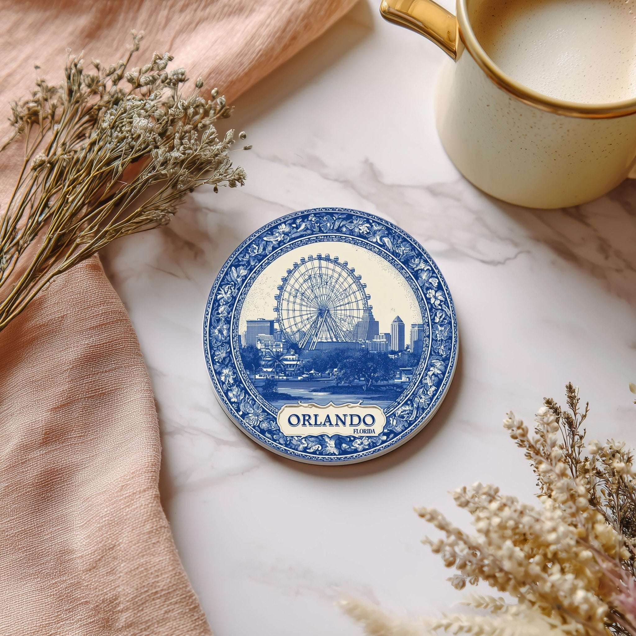 Orlando Florida Delftware Ceramic Coaster, Blue White Travel Gift, Vintage Home Decor Collectible - CuteBeePix