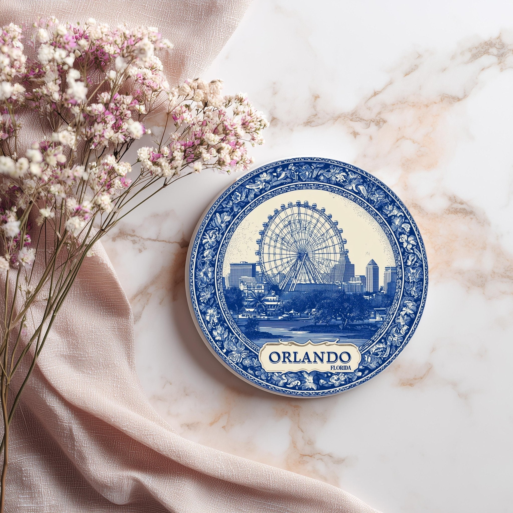 Orlando Florida Delftware Ceramic Coaster, Blue White Travel Gift, Vintage Home Decor Collectible - CuteBeePix
