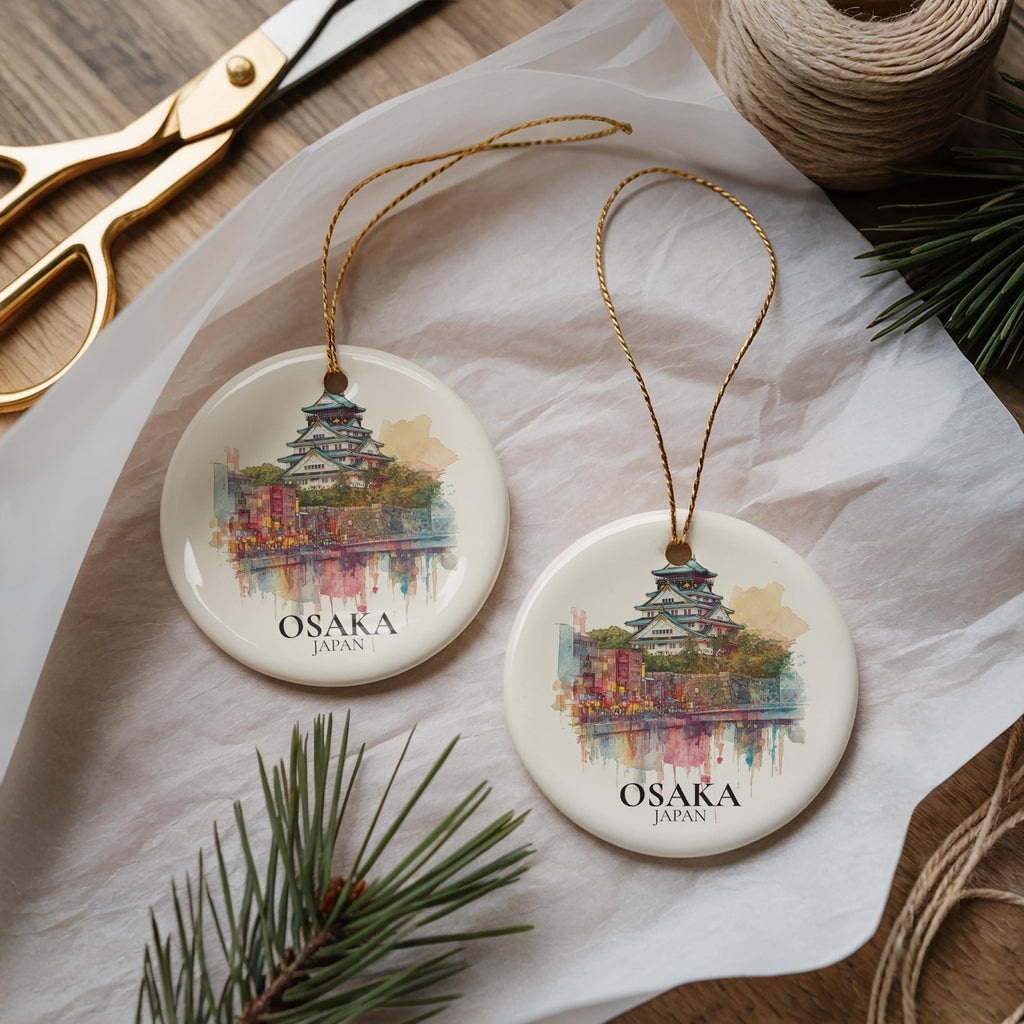 Osaka Japan Custom Watercolor Ornament, Personalized Ceramic Christmas gift, Travel Keepsake - CuteBeePix