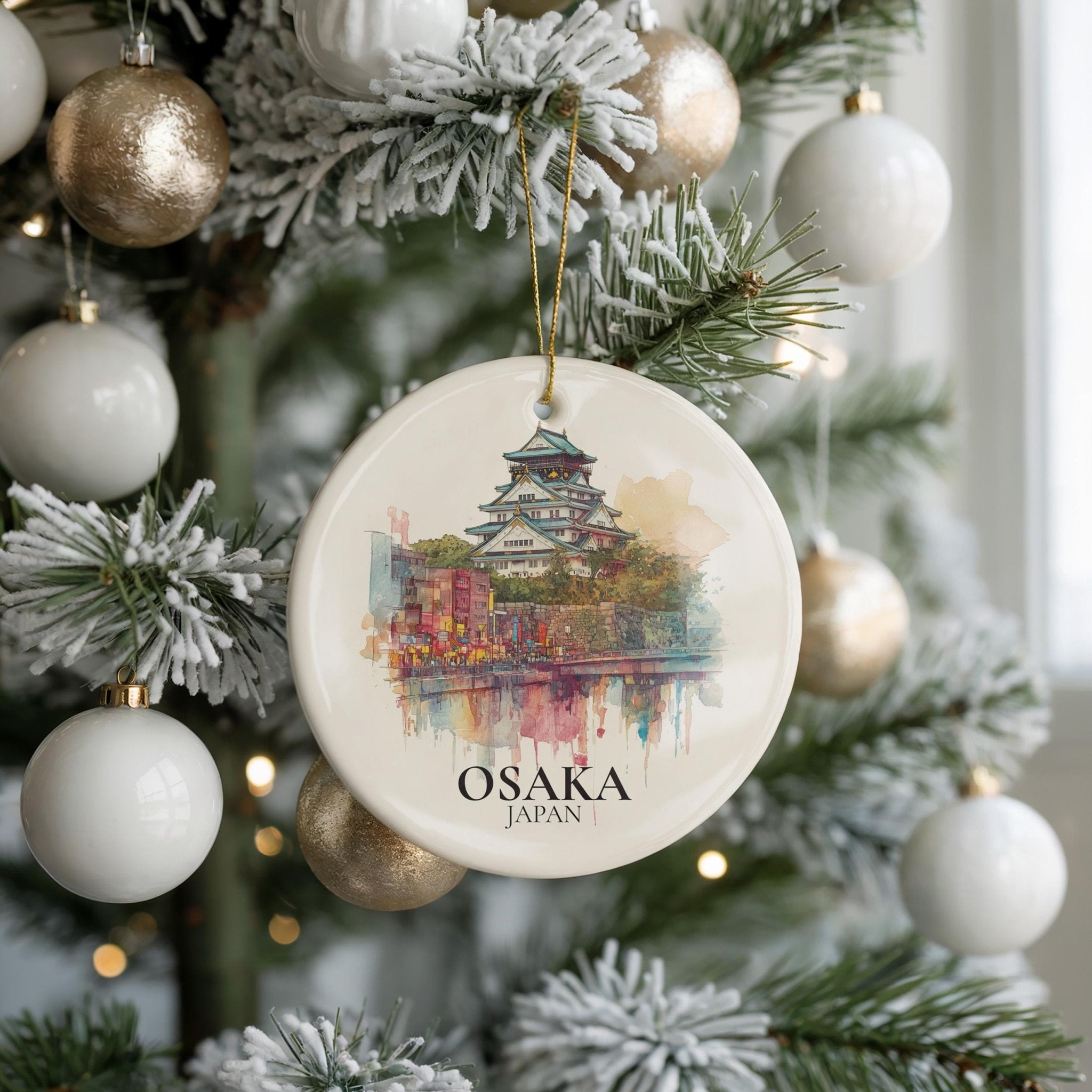 Osaka Japan Custom Watercolor Ornament, Personalized Ceramic Christmas gift, Travel Keepsake - CuteBeePix
