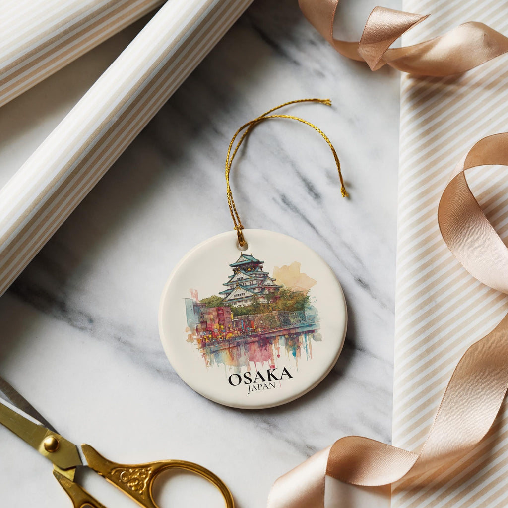 Osaka Japan Custom Watercolor Ornament, Personalized Ceramic Christmas gift, Travel Keepsake - CuteBeePix