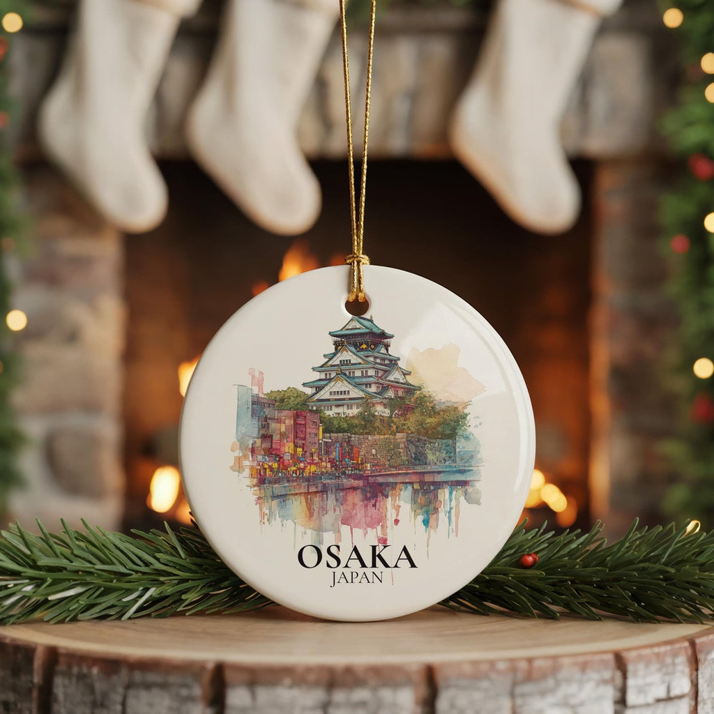 Osaka Japan Custom Watercolor Ornament, Personalized Ceramic Christmas gift, Travel Keepsake - CuteBeePix