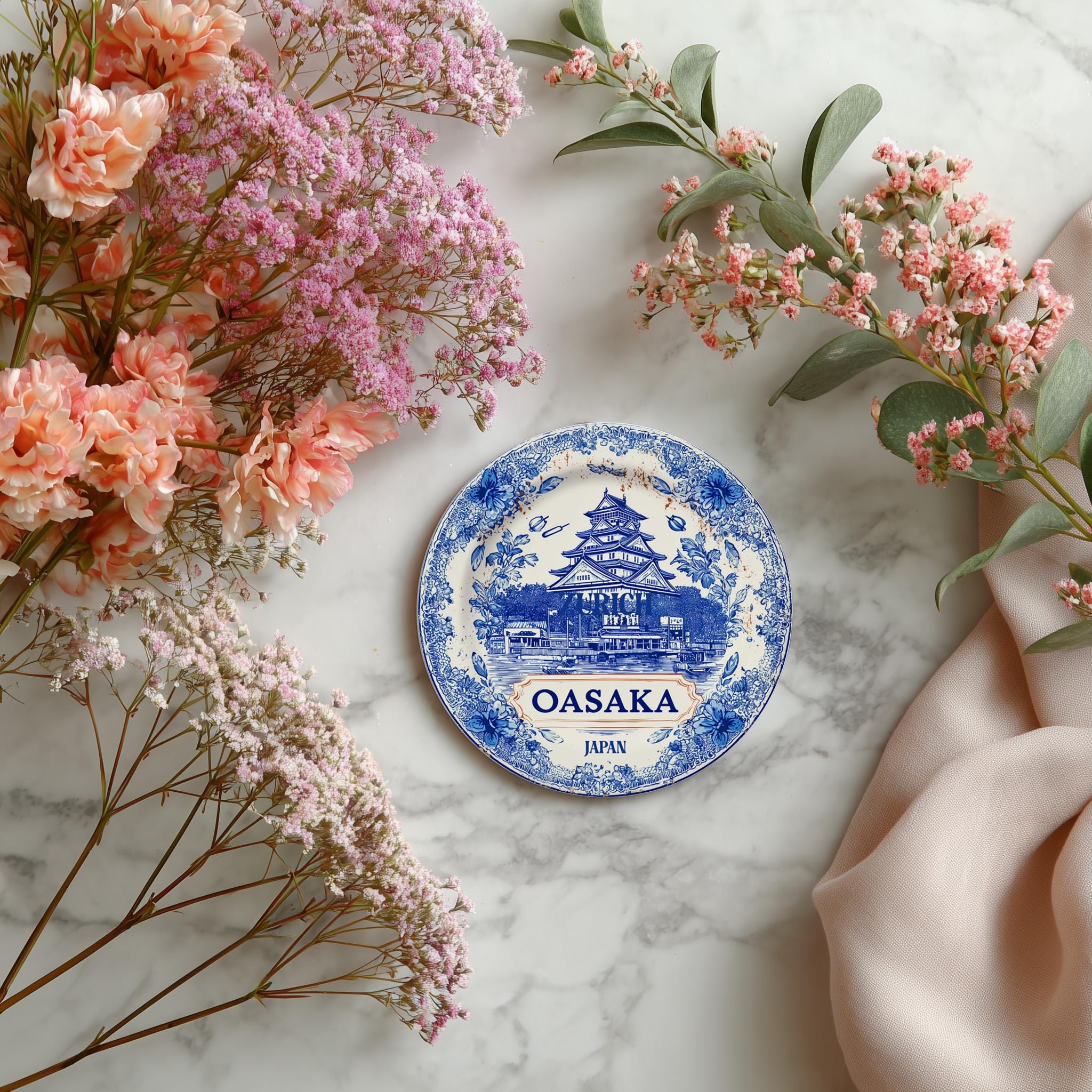 Osaka Japan Delftware Ceramic Coaster, Blue White Travel Gift, Vintage Home Decor Collectible - CuteBeePix