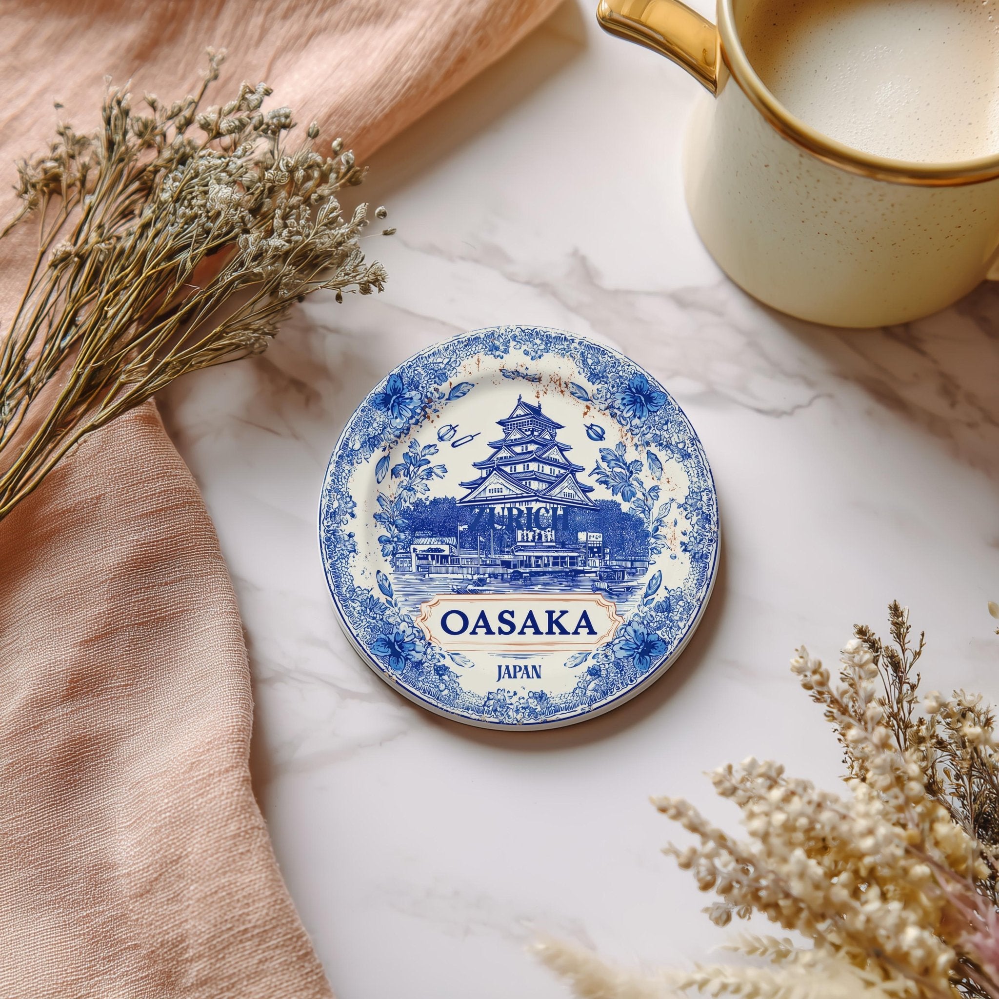 Osaka Japan Delftware Ceramic Coaster, Blue White Travel Gift, Vintage Home Decor Collectible - CuteBeePix