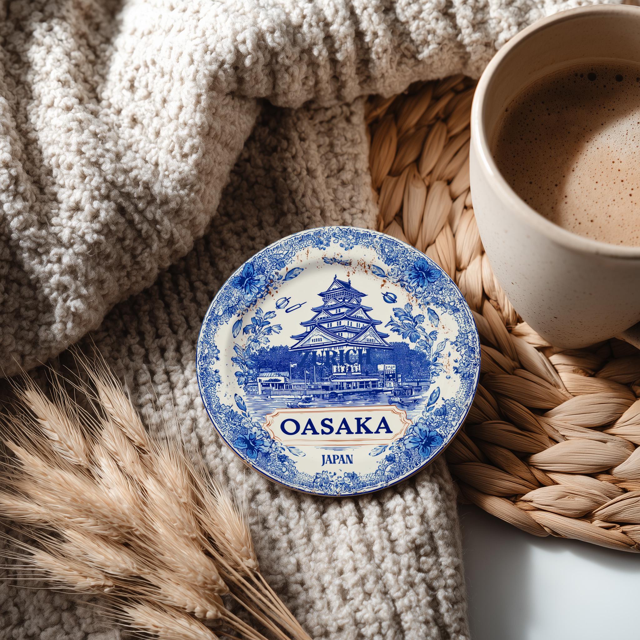 Osaka Japan Delftware Ceramic Coaster, Blue White Travel Gift, Vintage Home Decor Collectible - CuteBeePix