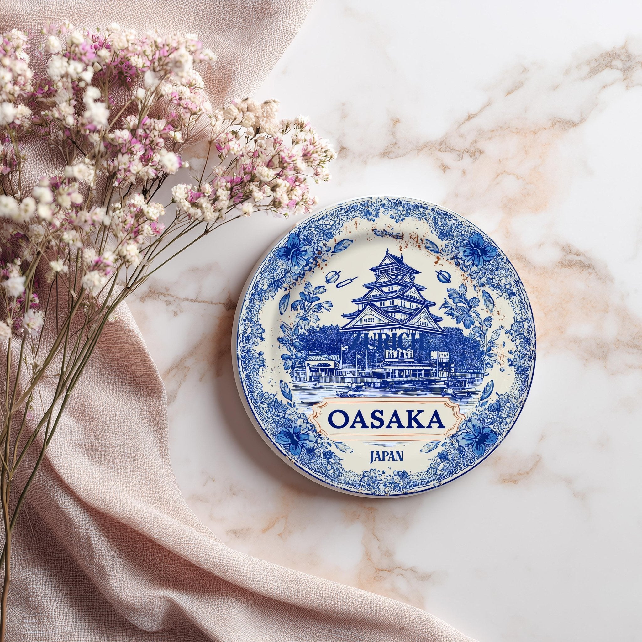 Osaka Japan Delftware Ceramic Coaster, Blue White Travel Gift, Vintage Home Decor Collectible - CuteBeePix