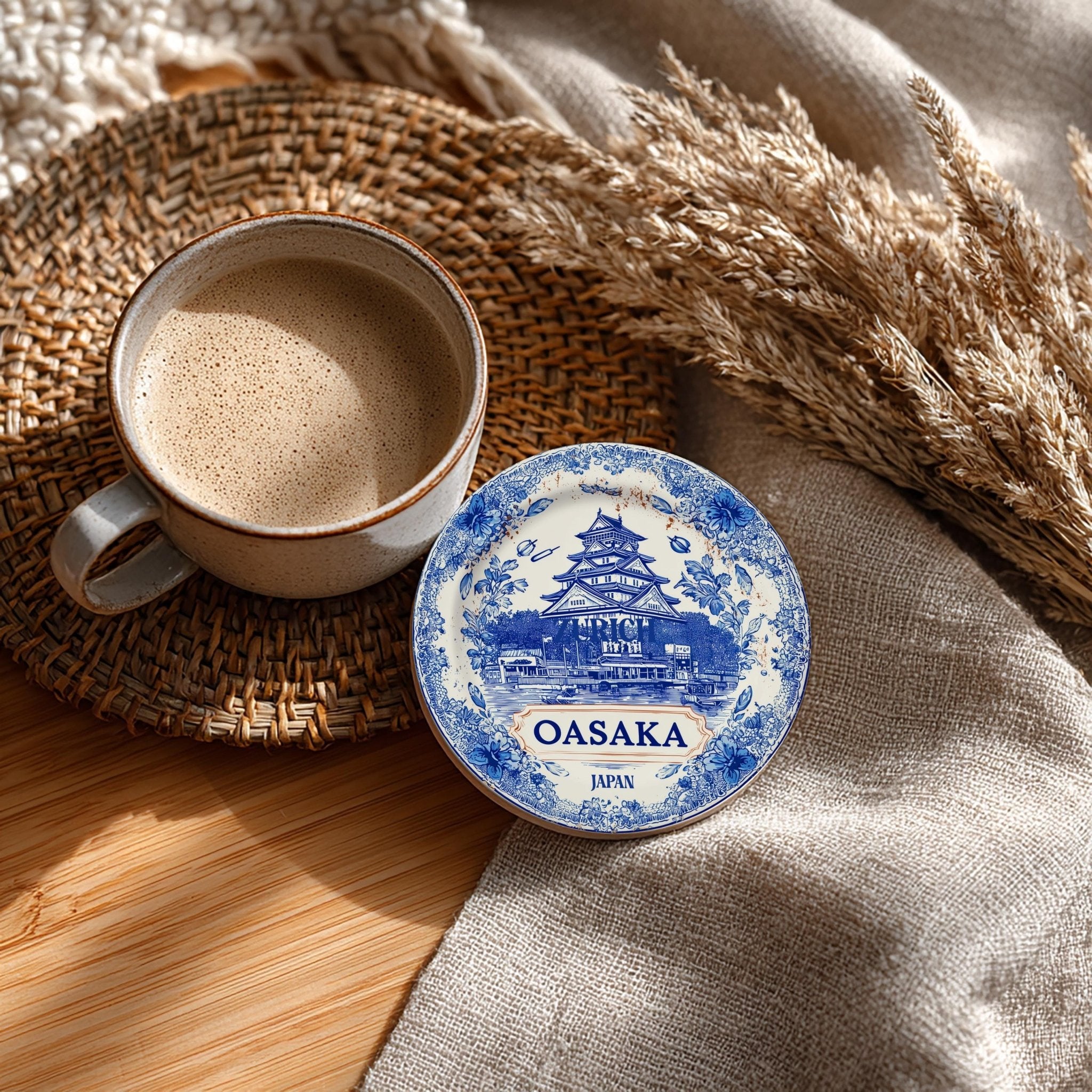 Osaka Japan Delftware Ceramic Coaster, Blue White Travel Gift, Vintage Home Decor Collectible - CuteBeePix