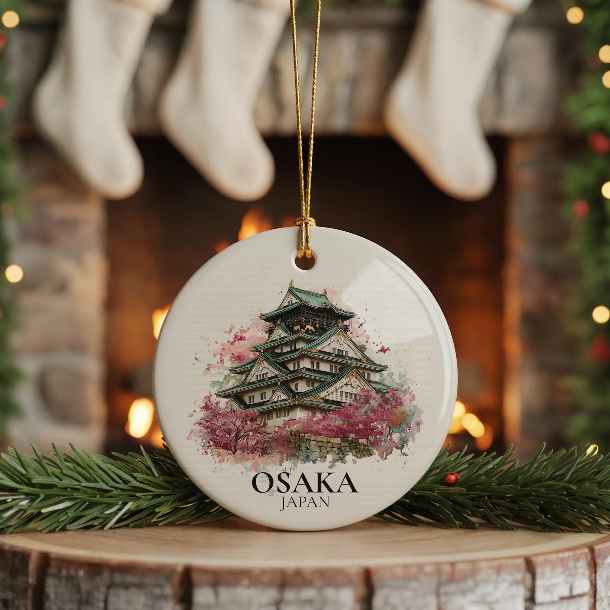 Osaka Japan Personalized Watercolor Ornament, Custom Ceramic Christmas gift, Travel Keepsake - CuteBeePix