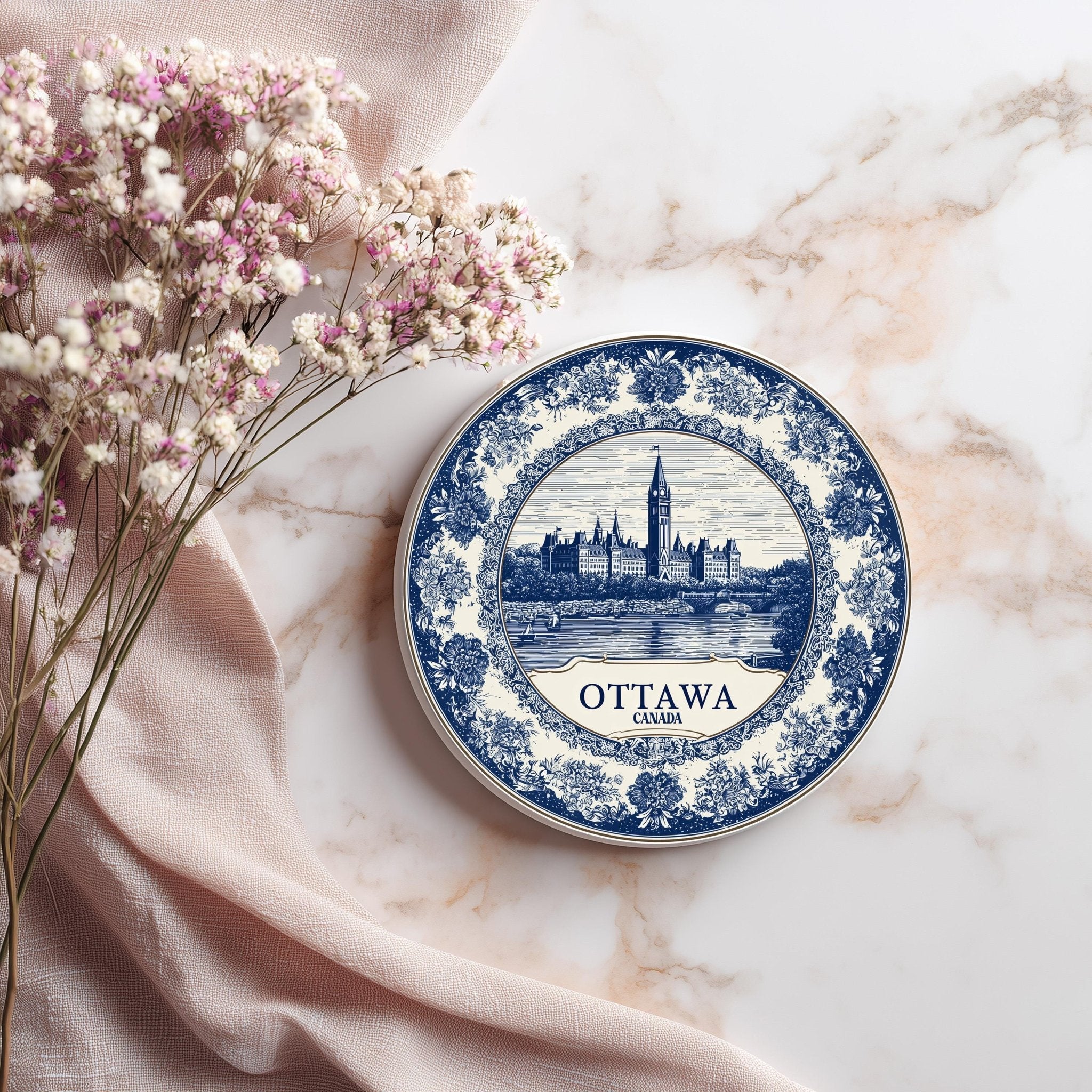 Ottawa Canada Delftware Ceramic Coaster, Blue White Travel Gift, Vintage Home Decor Collectible - CuteBeePix