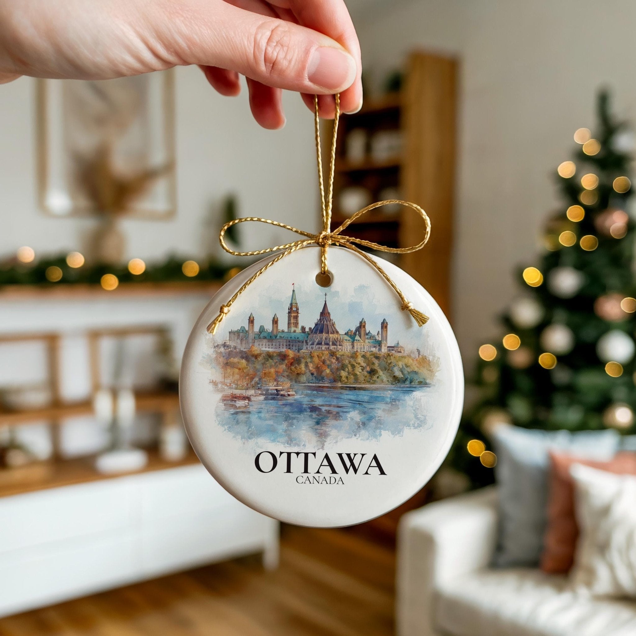 Ottawa Canada Personalized Watercolor Ornament, Custom Ceramic Christmas gift, Travel Keepsake - CuteBeePix