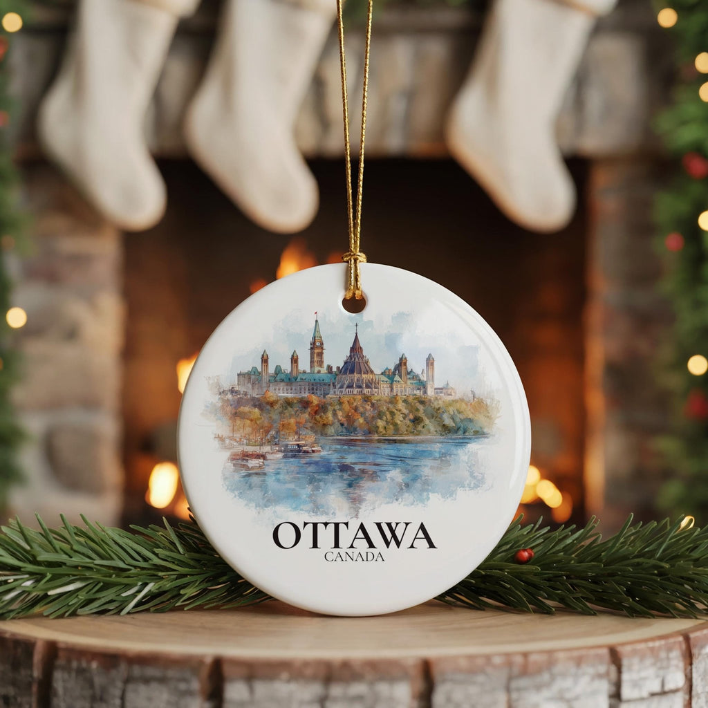 Ottawa Canada Personalized Watercolor Ornament, Custom Ceramic Christmas gift, Travel Keepsake - CuteBeePix