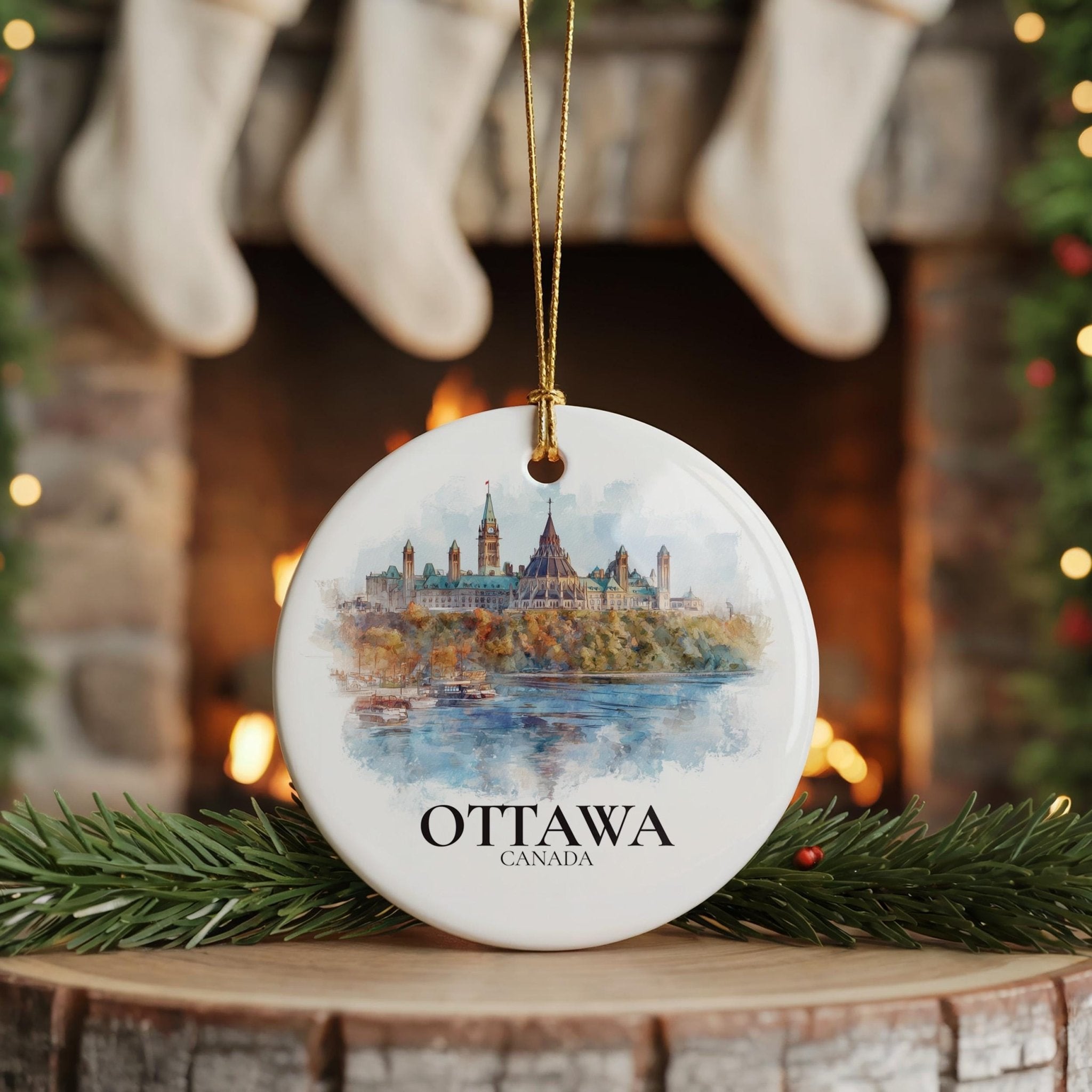 Ottawa Canada Personalized Watercolor Ornament, Custom Ceramic Christmas gift, Travel Keepsake - CuteBeePix