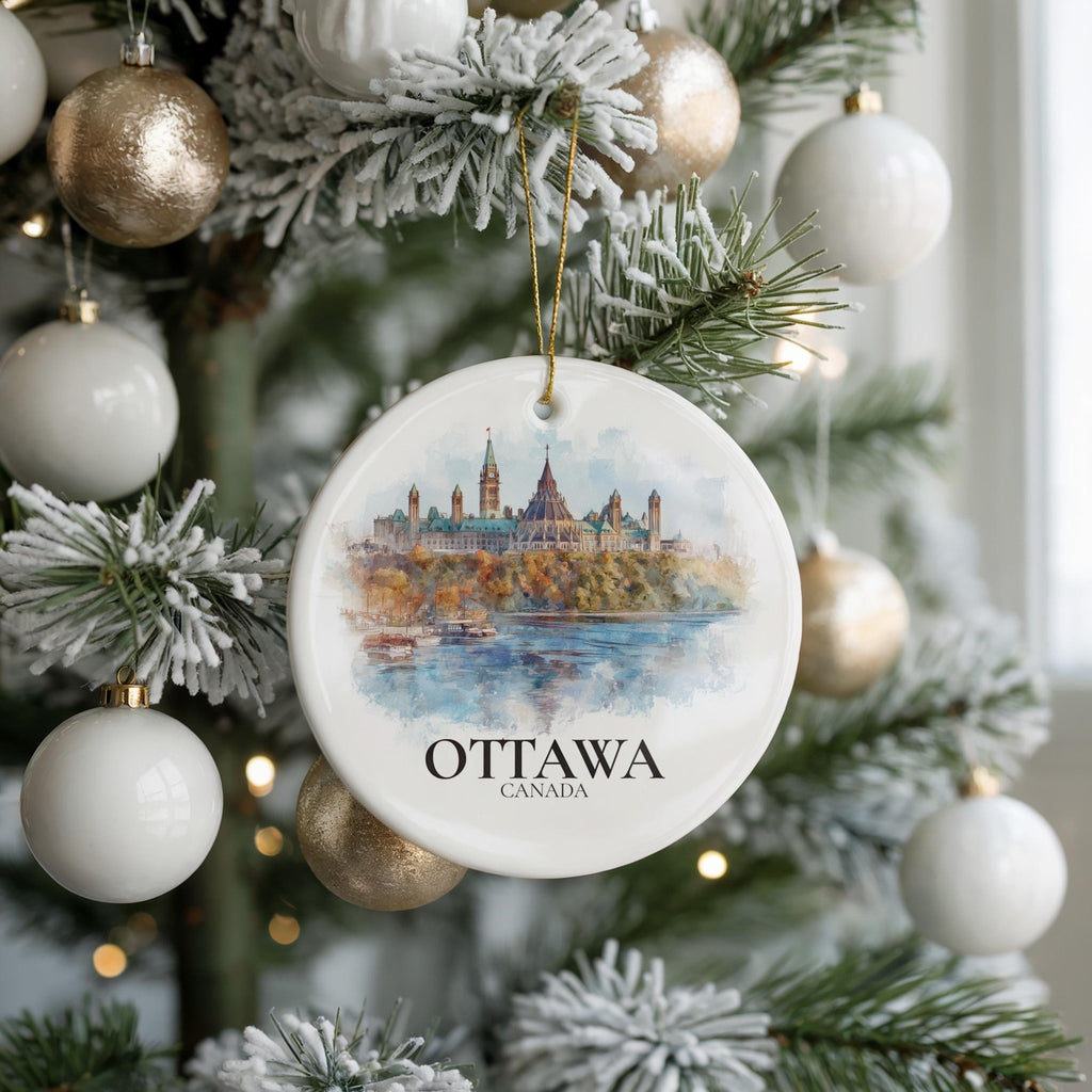 Ottawa Canada Personalized Watercolor Ornament, Custom Ceramic Christmas gift, Travel Keepsake - CuteBeePix
