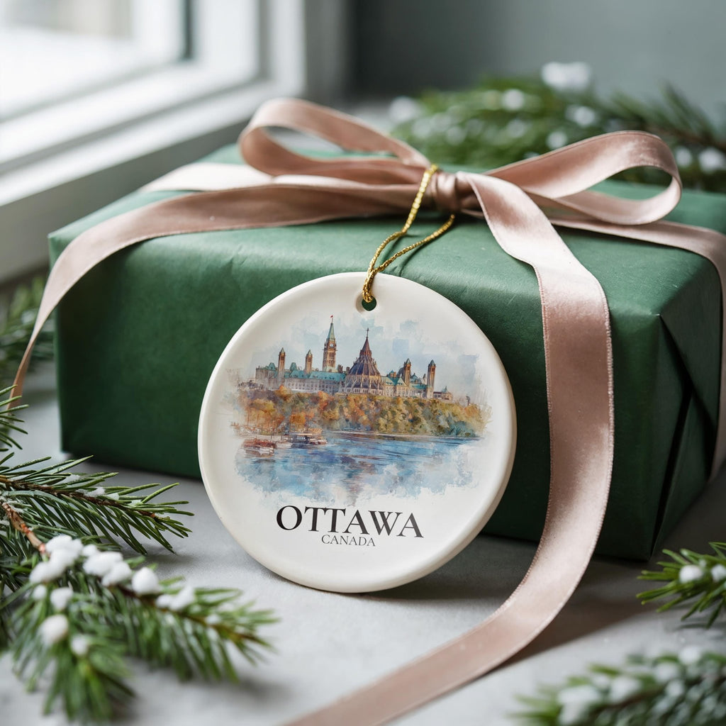 Ottawa Canada Personalized Watercolor Ornament, Custom Ceramic Christmas gift, Travel Keepsake - CuteBeePix