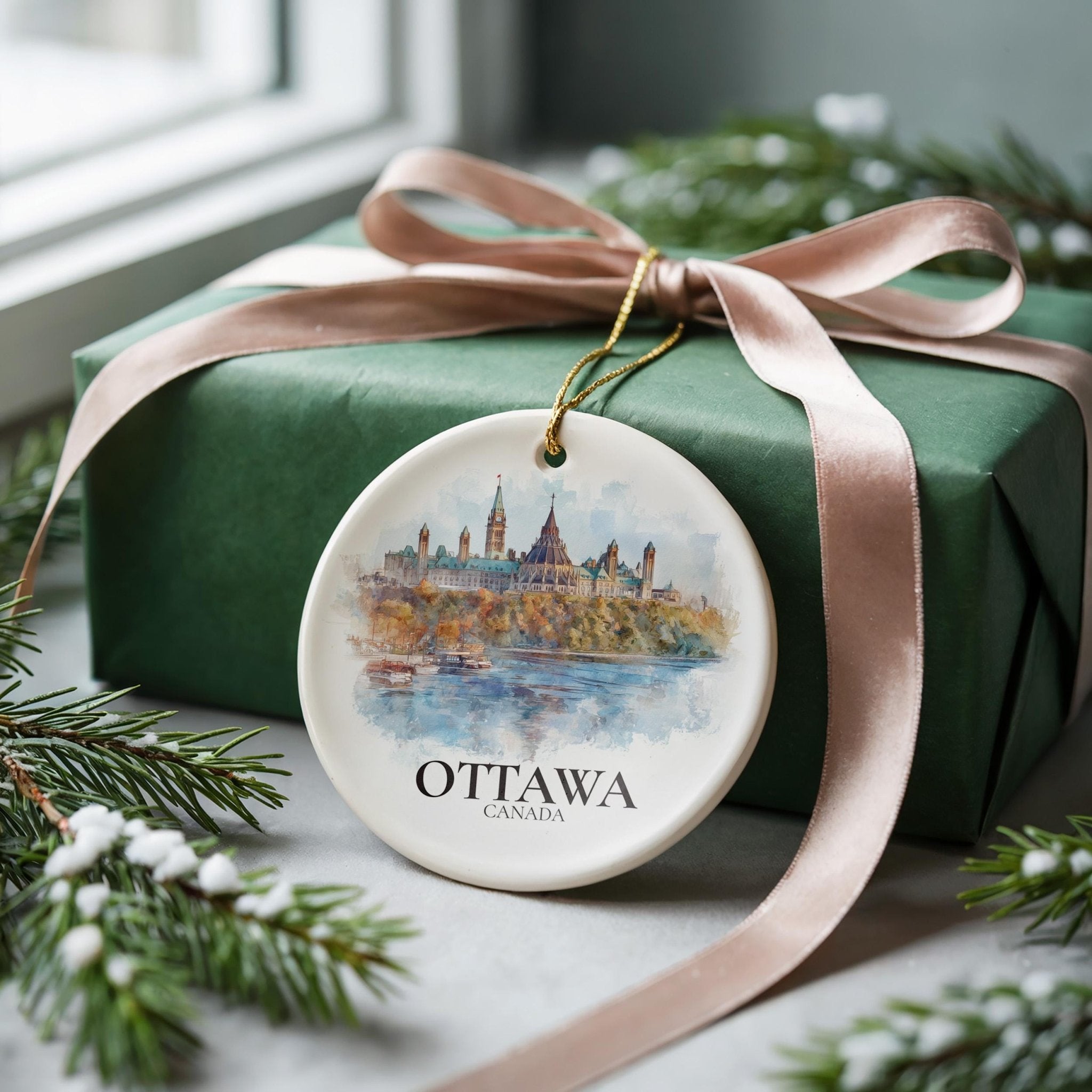 Ottawa Canada Personalized Watercolor Ornament, Custom Ceramic Christmas gift, Travel Keepsake - CuteBeePix