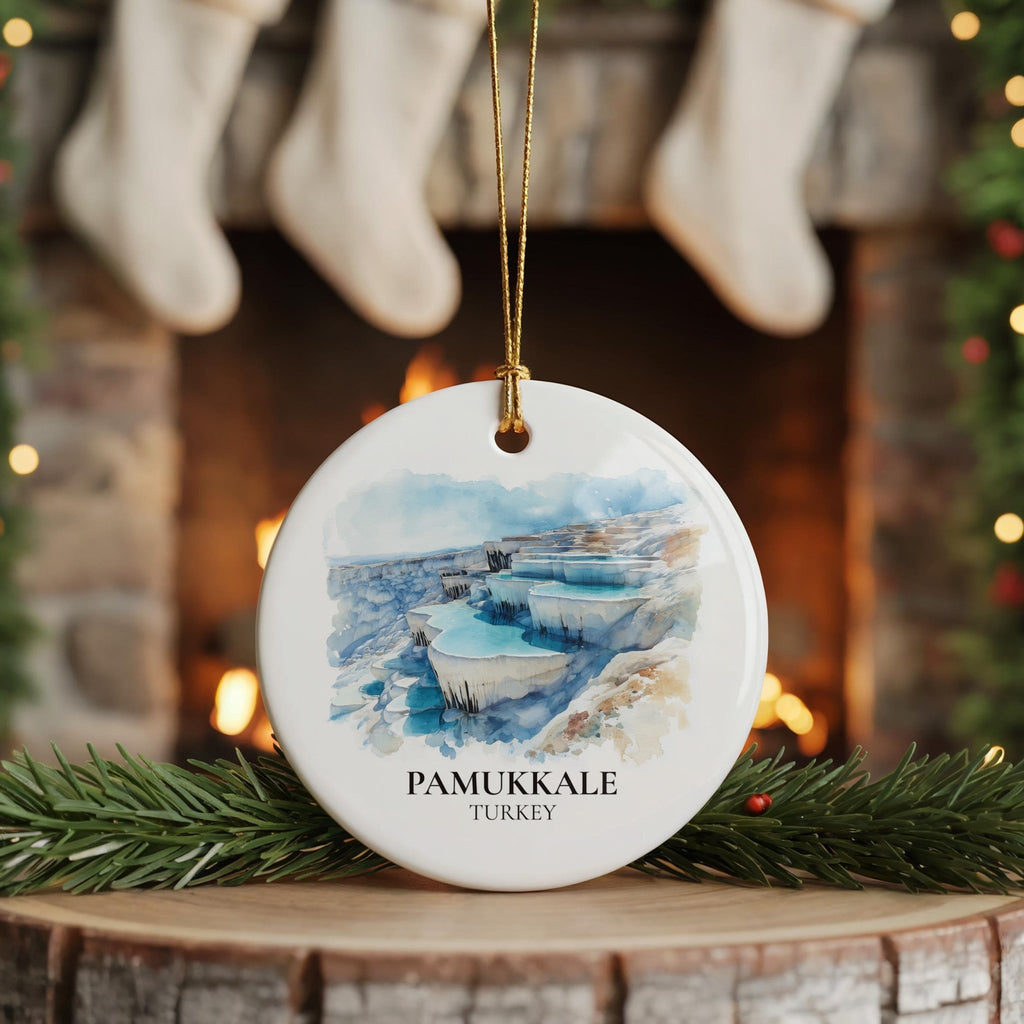 Pamukkale Turkey Personalized Watercolor Ornament, Custom Ceramic Christmas gift, Travel Keepsake - CuteBeePix