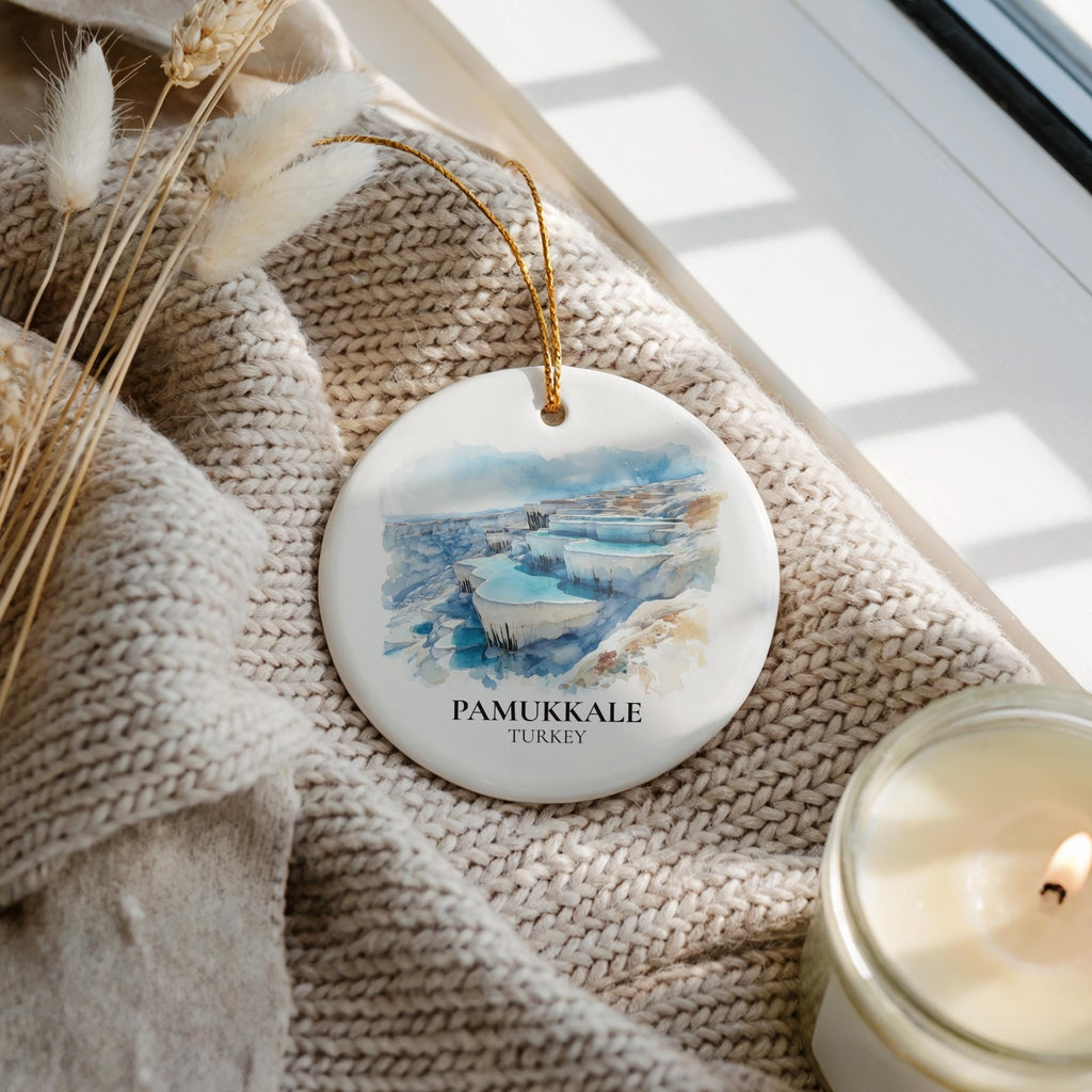 Pamukkale Turkey Personalized Watercolor Ornament, Custom Ceramic Christmas gift, Travel Keepsake - CuteBeePix