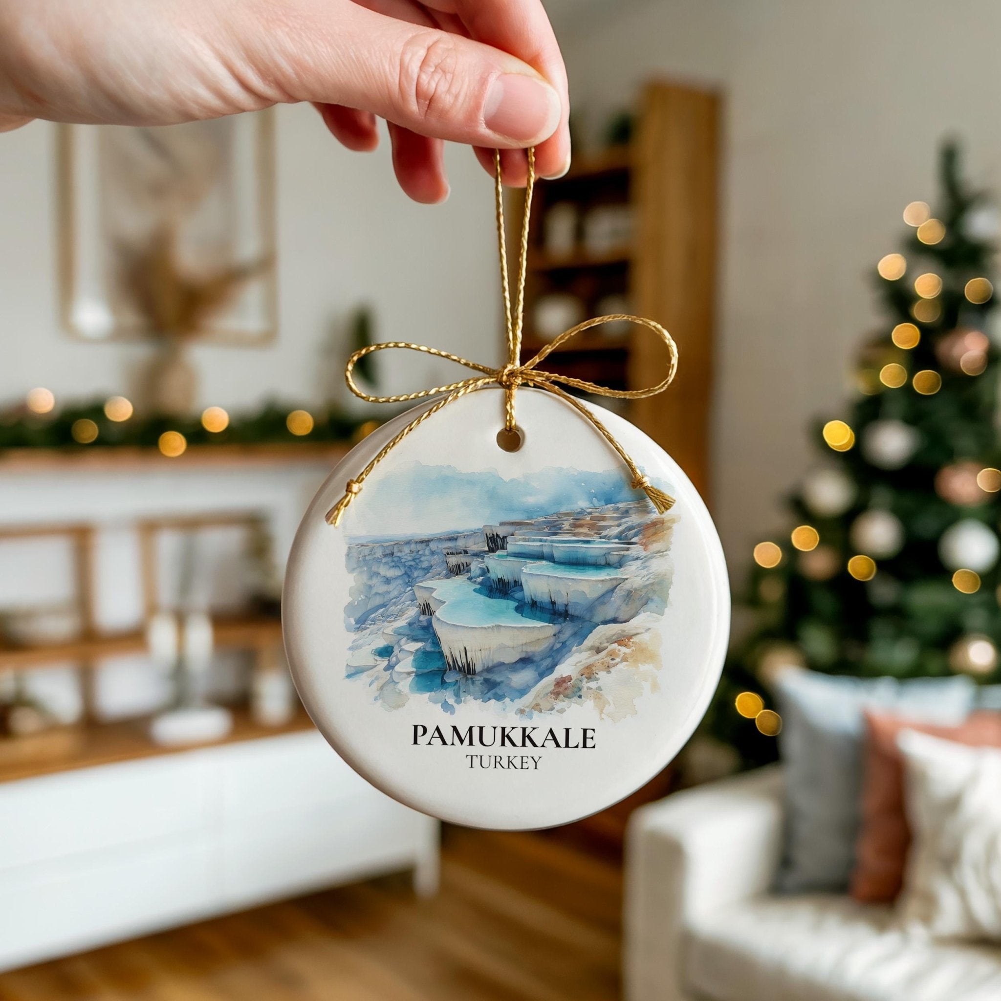 Pamukkale Turkey Personalized Watercolor Ornament, Custom Ceramic Christmas gift, Travel Keepsake - CuteBeePix