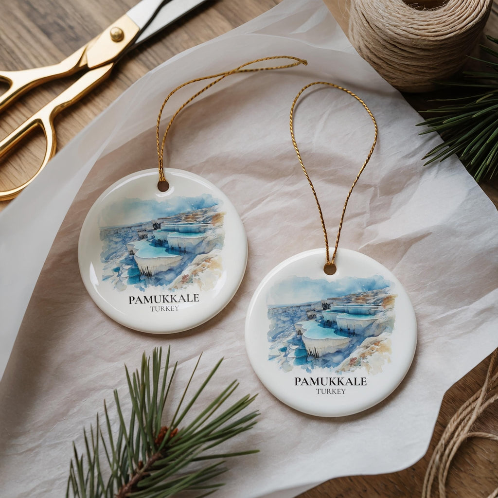 Pamukkale Turkey Personalized Watercolor Ornament, Custom Ceramic Christmas gift, Travel Keepsake - CuteBeePix
