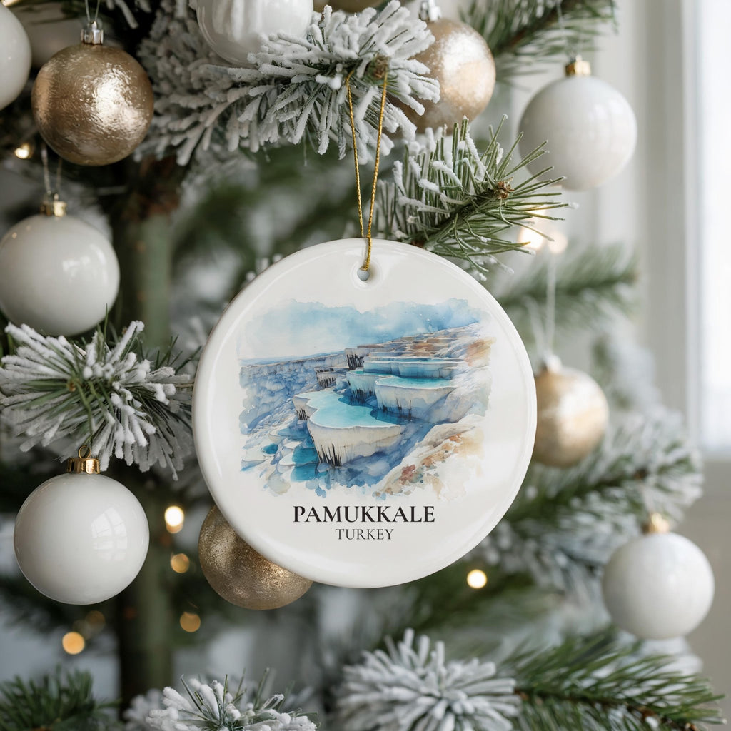 Pamukkale Turkey Personalized Watercolor Ornament, Custom Ceramic Christmas gift, Travel Keepsake - CuteBeePix