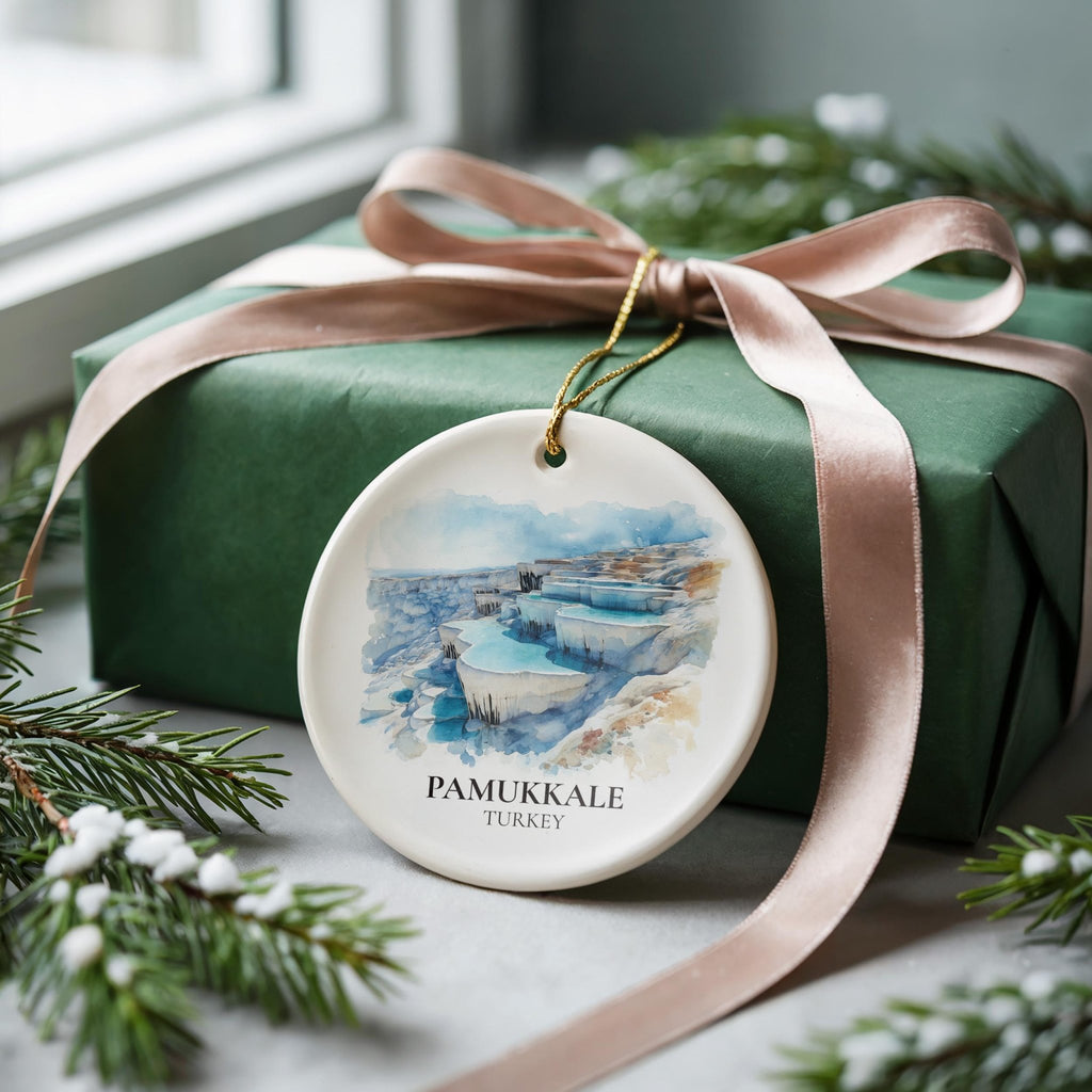 Pamukkale Turkey Personalized Watercolor Ornament, Custom Ceramic Christmas gift, Travel Keepsake - CuteBeePix