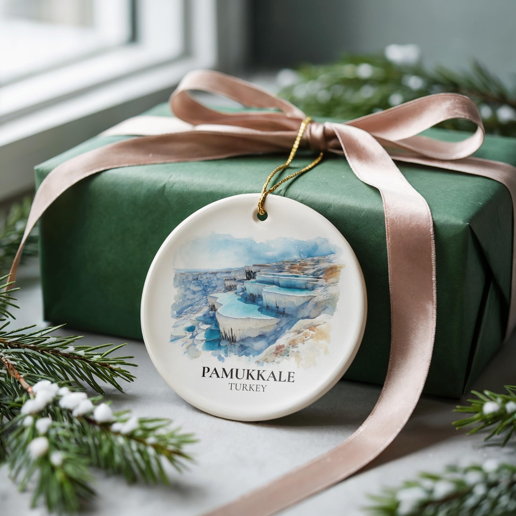 Pamukkale Turkey Personalized Watercolor Ornament, Custom Ceramic Christmas gift, Travel Keepsake - CuteBeePix