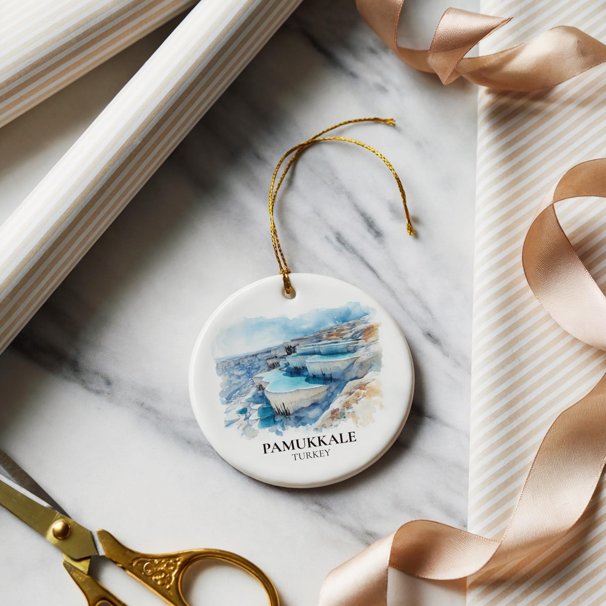 Pamukkale Turkey Personalized Watercolor Ornament, Custom Ceramic Christmas gift, Travel Keepsake - CuteBeePix