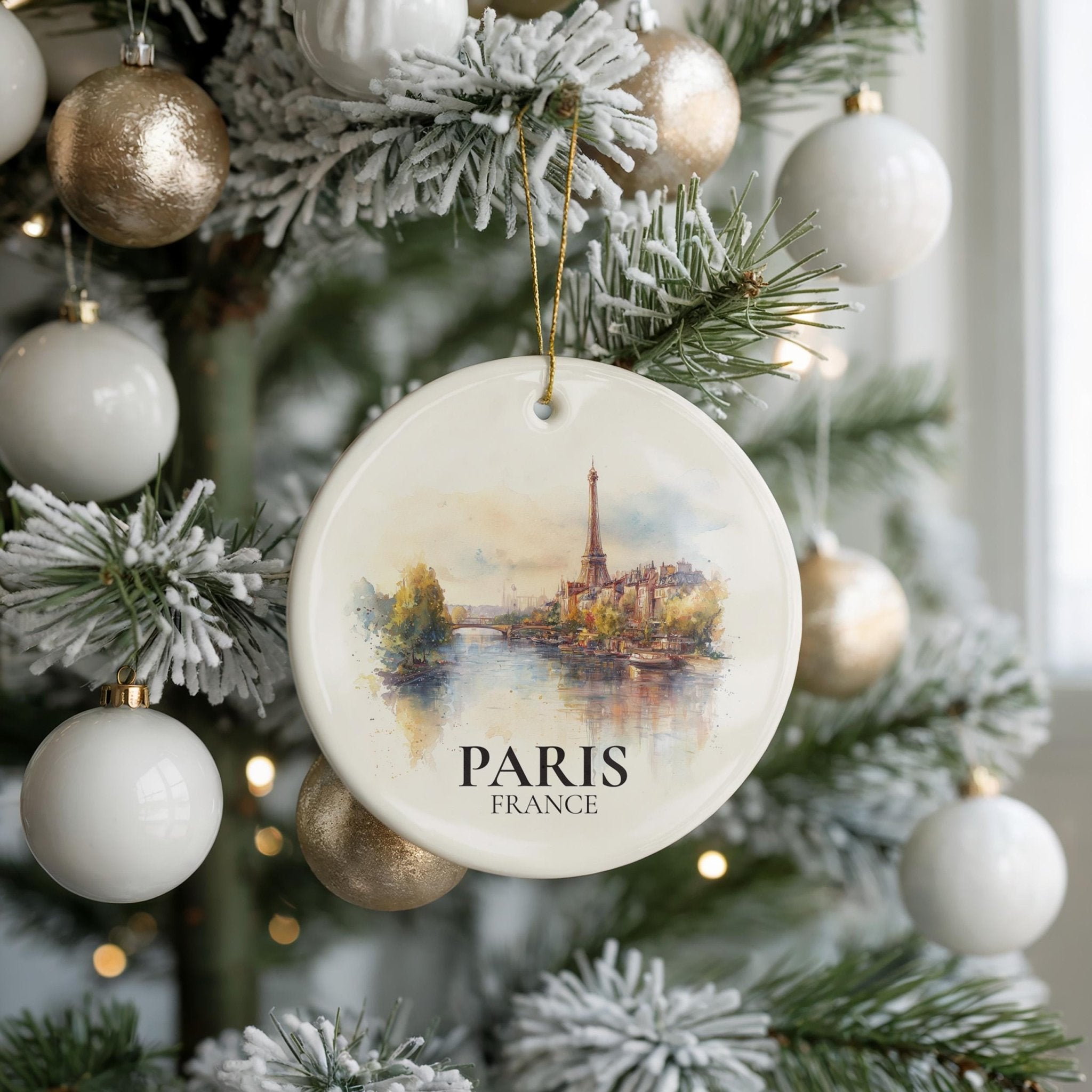 Paris France Personalized Watercolor Ornament, Custom Ceramic Christmas gift, Travel Keepsake - CuteBeePix