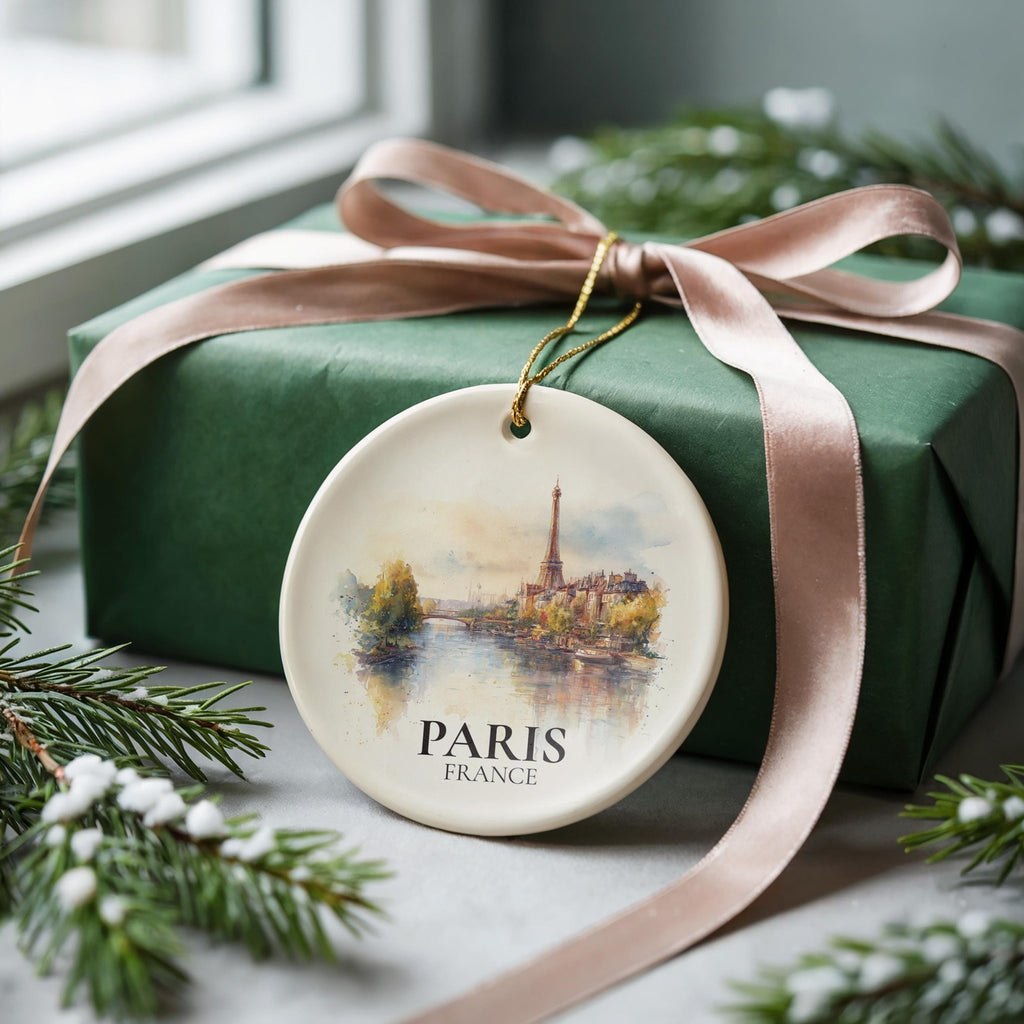 Paris France Personalized Watercolor Ornament, Custom Ceramic Christmas gift, Travel Keepsake - CuteBeePix