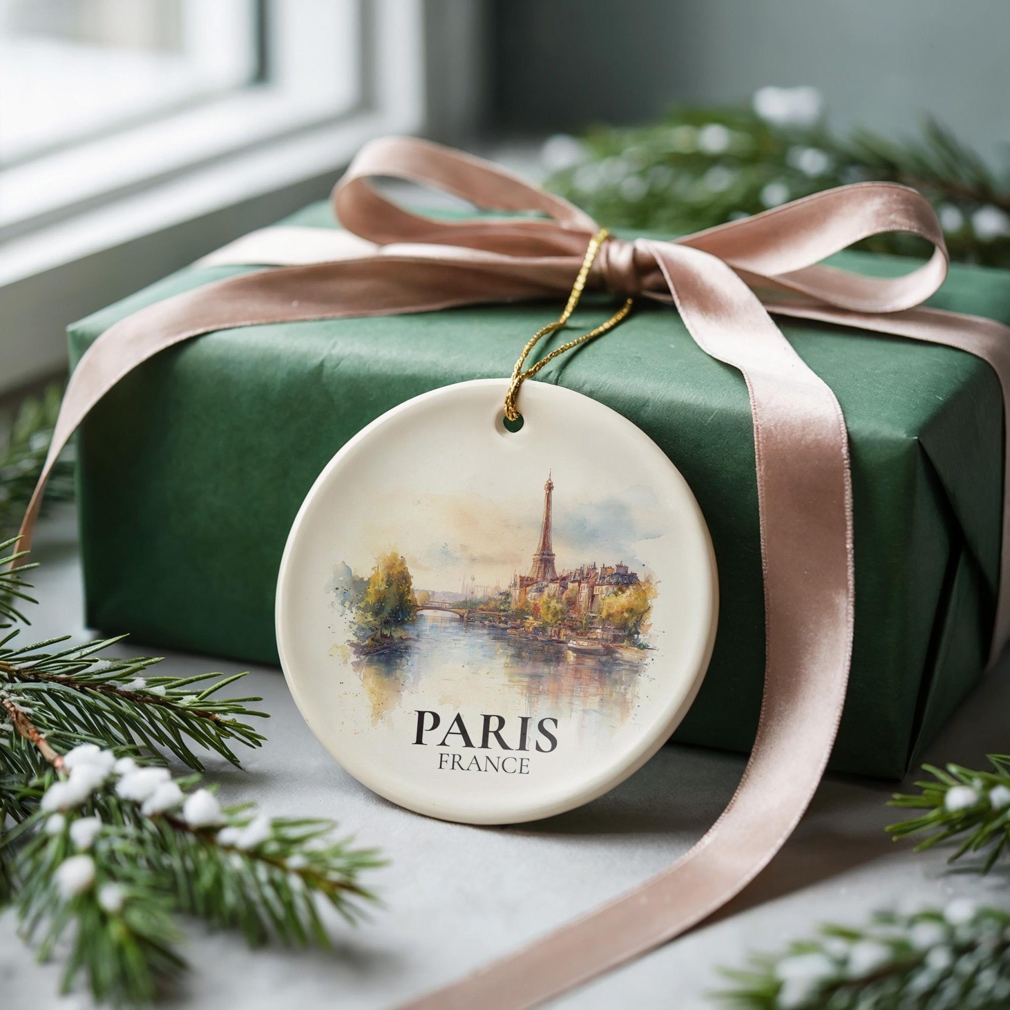 Paris France Personalized Watercolor Ornament, Custom Ceramic Christmas gift, Travel Keepsake - CuteBeePix