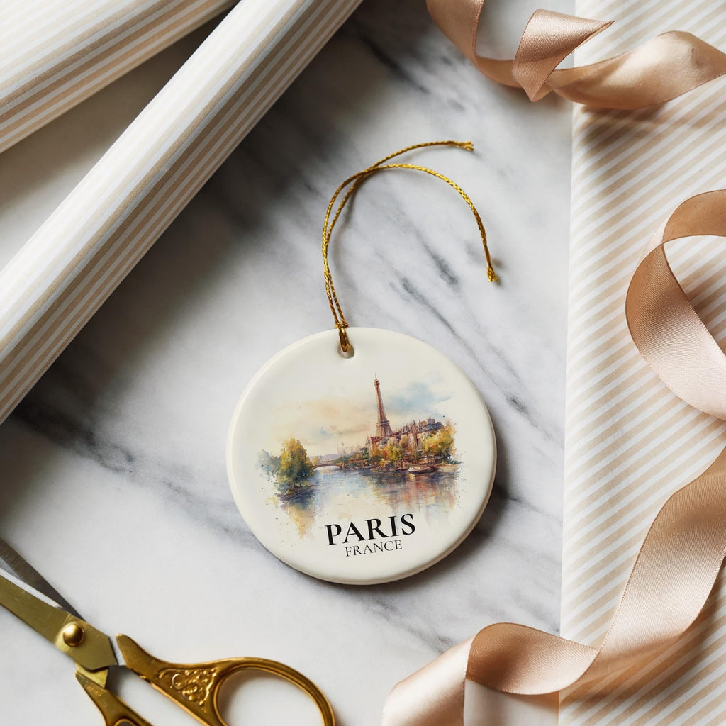 Paris France Personalized Watercolor Ornament, Custom Ceramic Christmas gift, Travel Keepsake - CuteBeePix