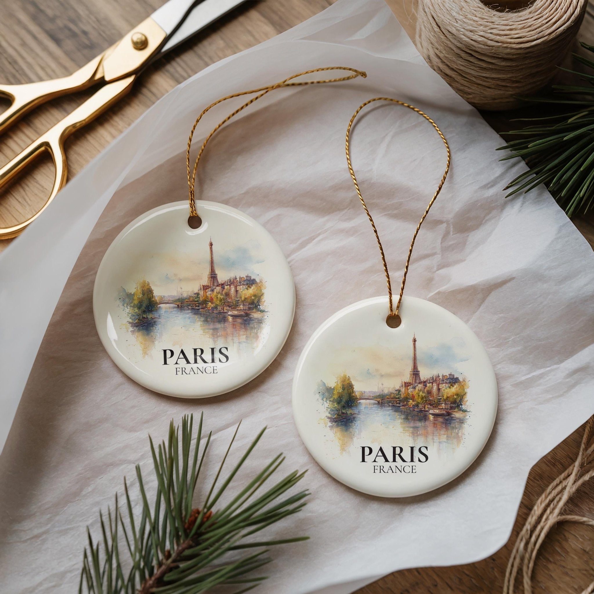Paris France Personalized Watercolor Ornament, Custom Ceramic Christmas gift, Travel Keepsake - CuteBeePix