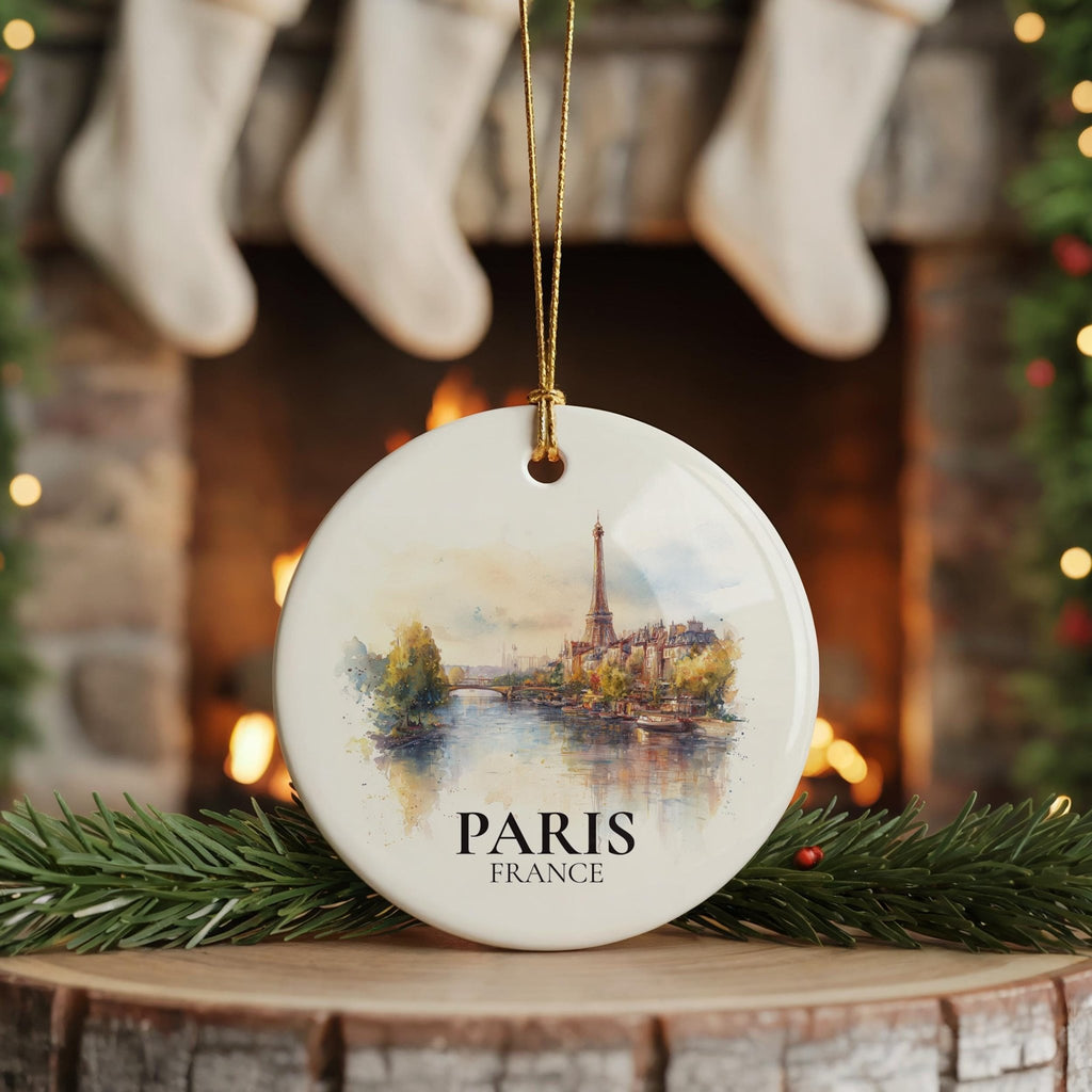Paris France Personalized Watercolor Ornament, Custom Ceramic Christmas gift, Travel Keepsake - CuteBeePix