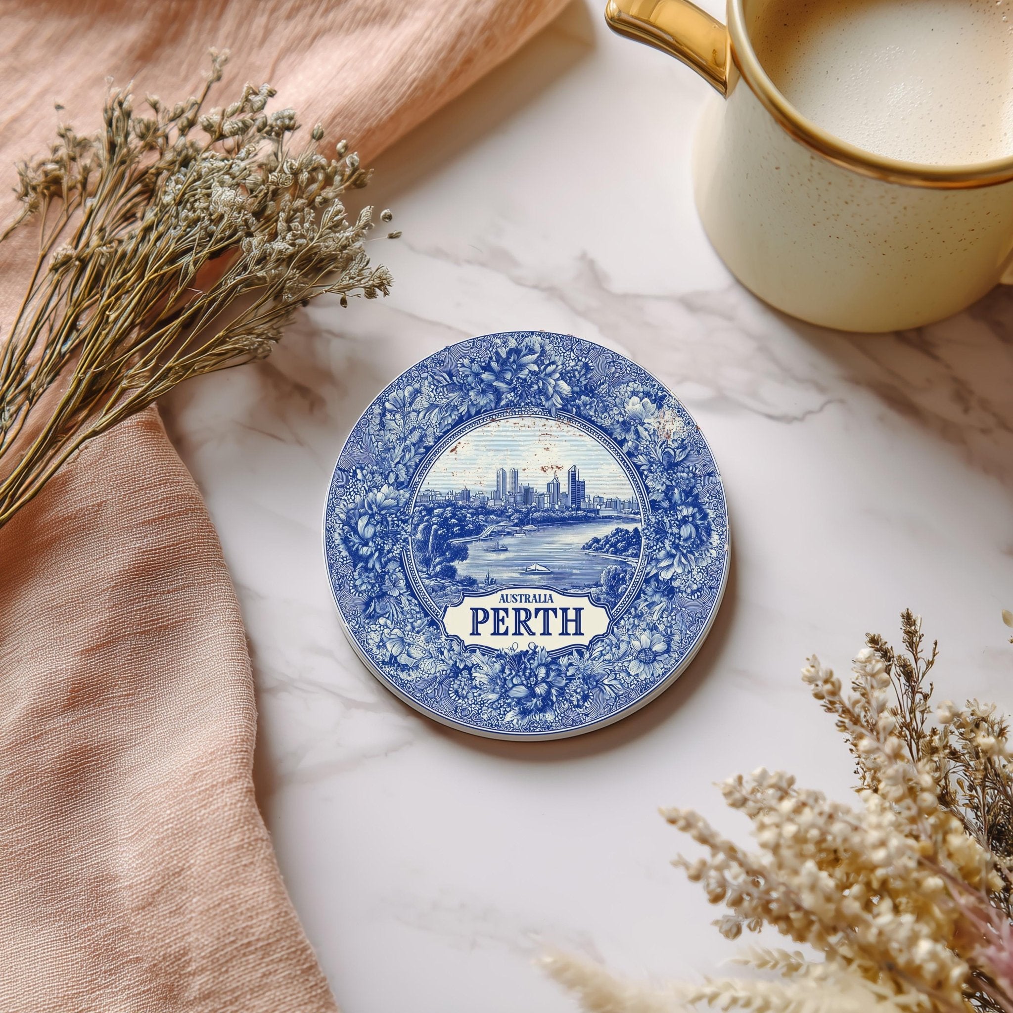 Perth Australia Delftware Ceramic Coaster, Blue White Travel Gift, Vintage Home Decor Collectible - CuteBeePix