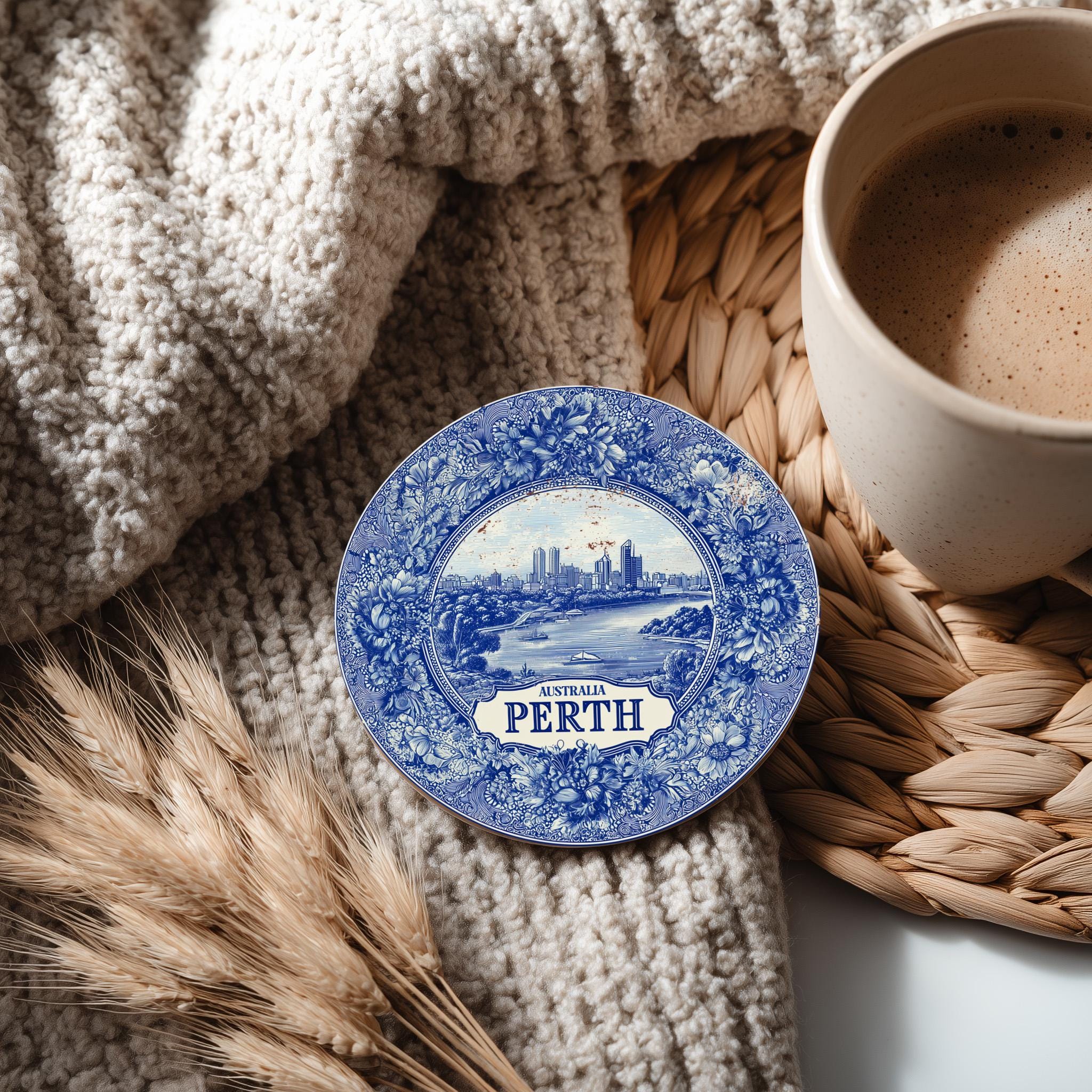 Perth Australia Delftware Ceramic Coaster, Blue White Travel Gift, Vintage Home Decor Collectible - CuteBeePix