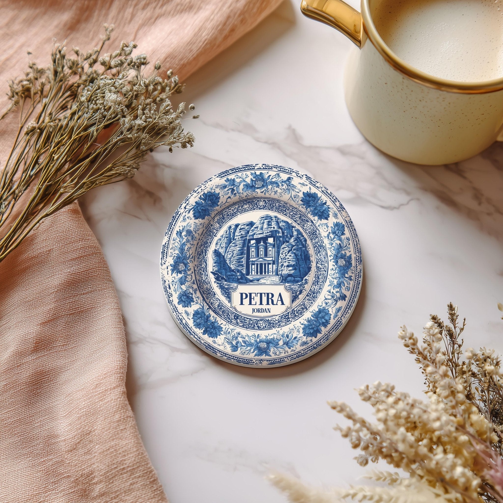 Petra Jordan Delftware Ceramic Coaster, Blue White Travel Gift, Vintage Home Decor Collectible - CuteBeePix