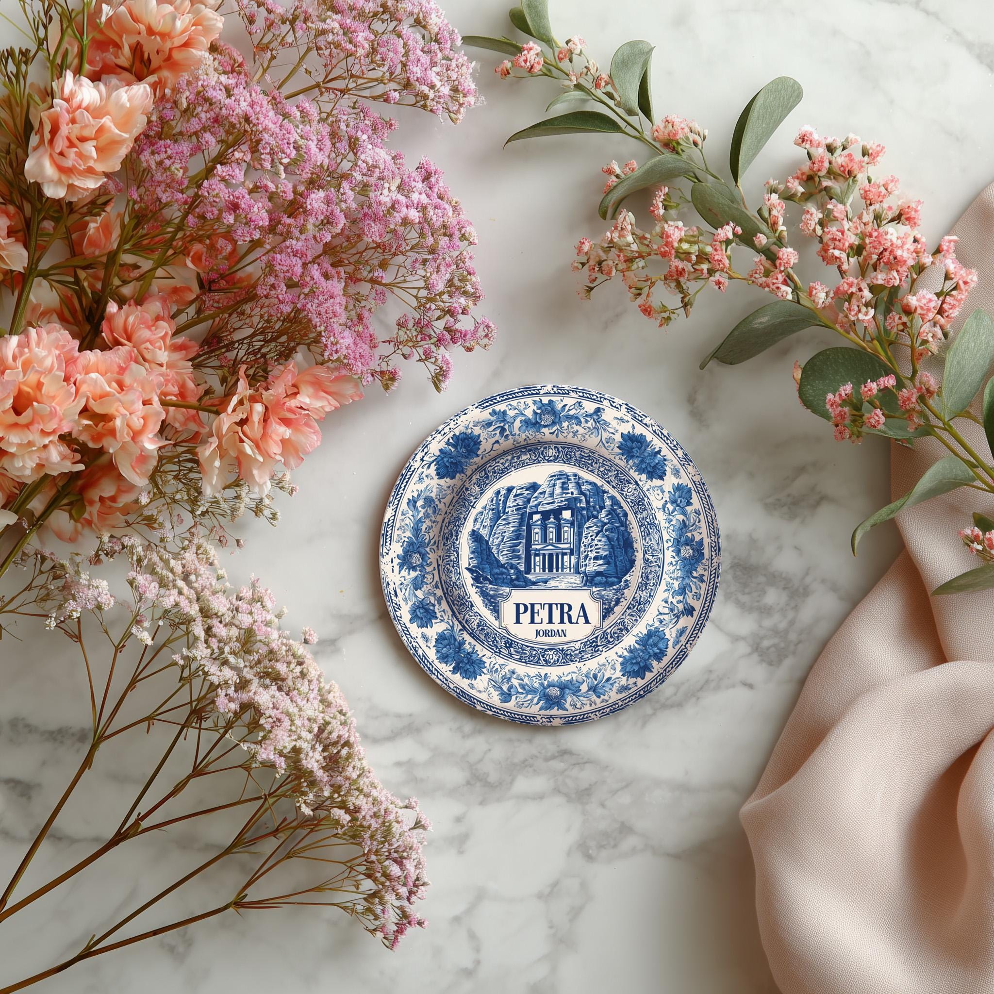 Petra Jordan Delftware Ceramic Coaster, Blue White Travel Gift, Vintage Home Decor Collectible - CuteBeePix