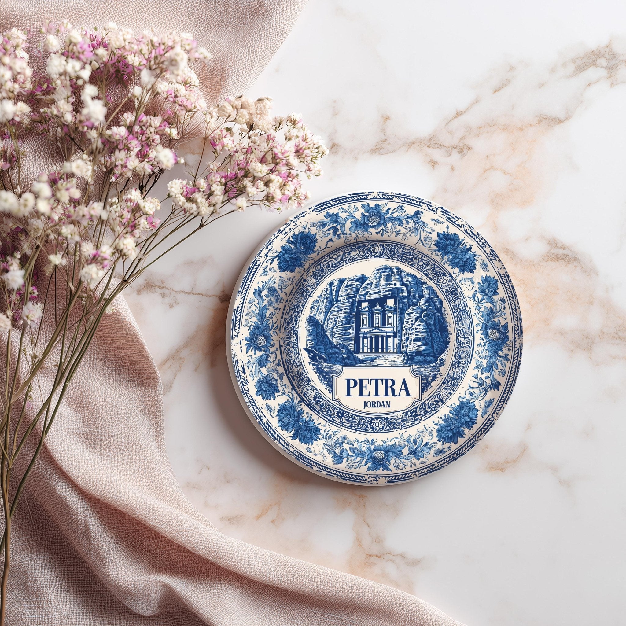 Petra Jordan Delftware Ceramic Coaster, Blue White Travel Gift, Vintage Home Decor Collectible - CuteBeePix