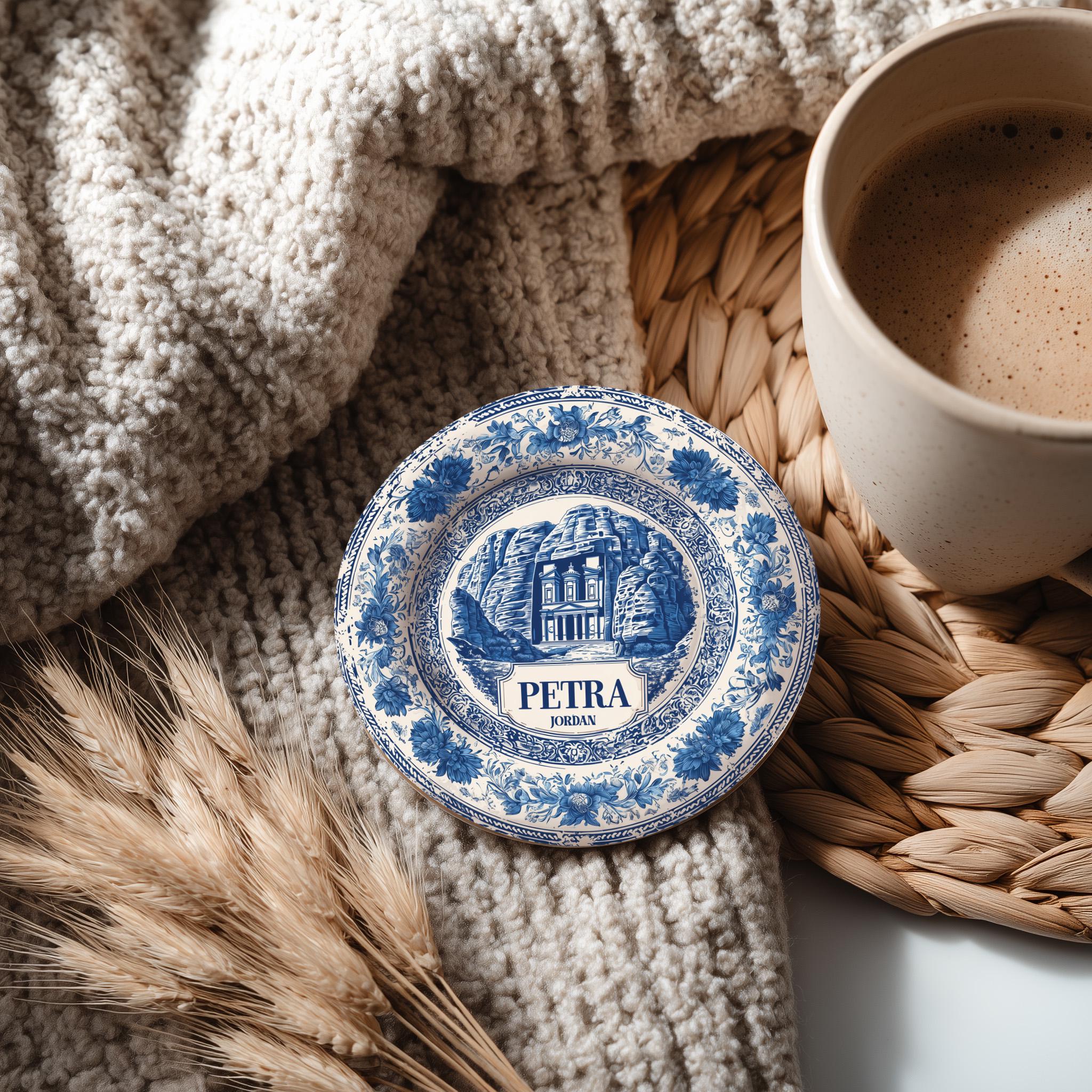 Petra Jordan Delftware Ceramic Coaster, Blue White Travel Gift, Vintage Home Decor Collectible - CuteBeePix