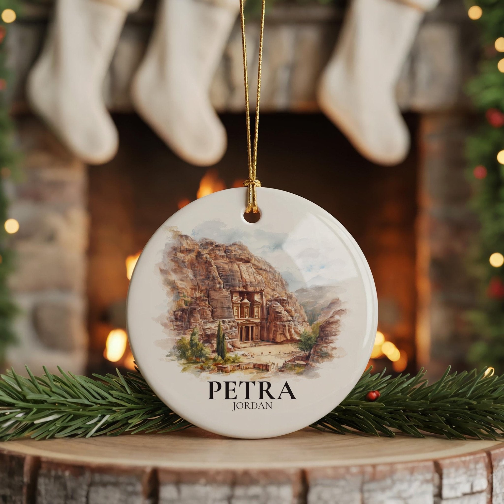 Petra Jordan Personalized Watercolor Ornament, Custom Ceramic Christmas gift, Travel Keepsake - CuteBeePix