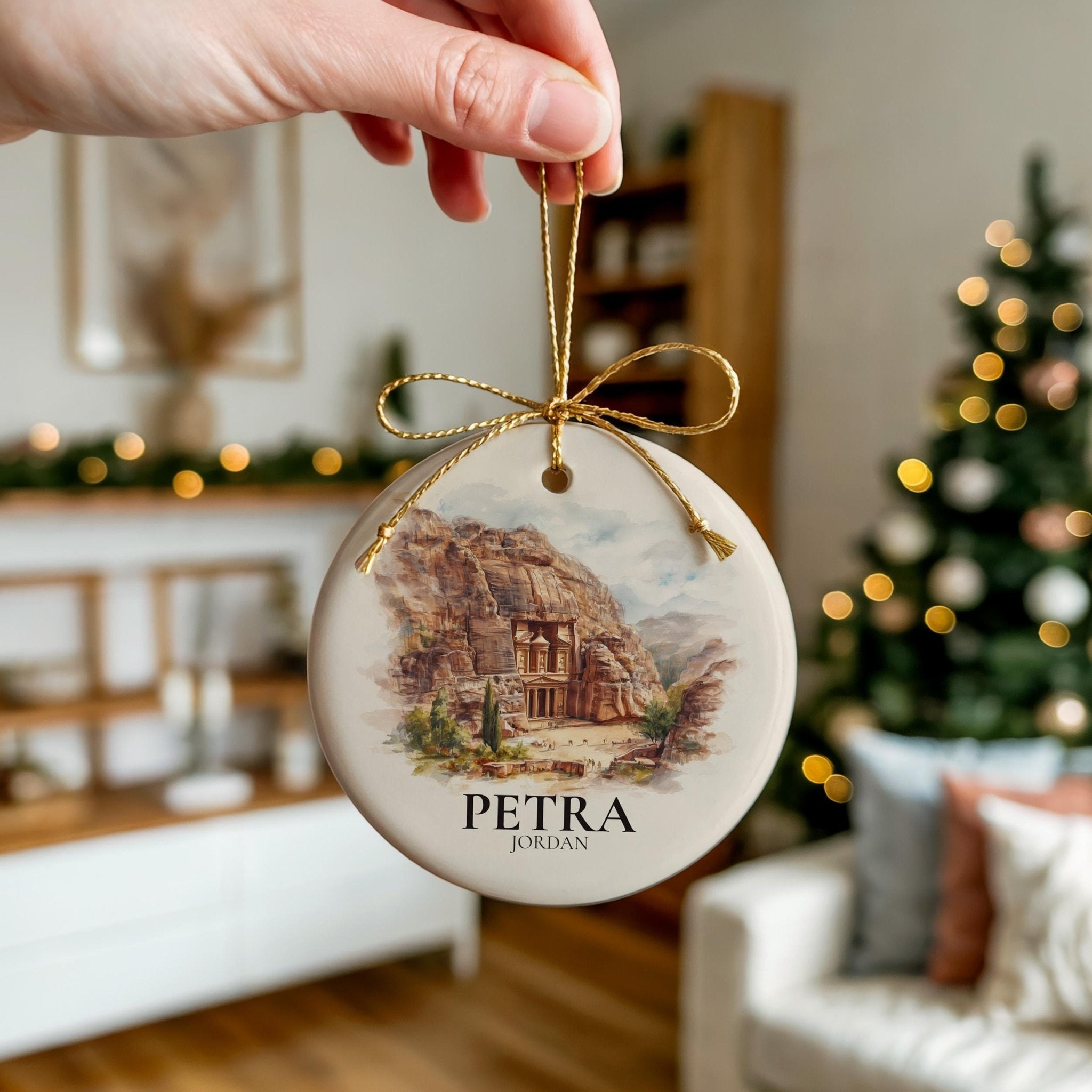 Petra Jordan Personalized Watercolor Ornament, Custom Ceramic Christmas gift, Travel Keepsake - CuteBeePix