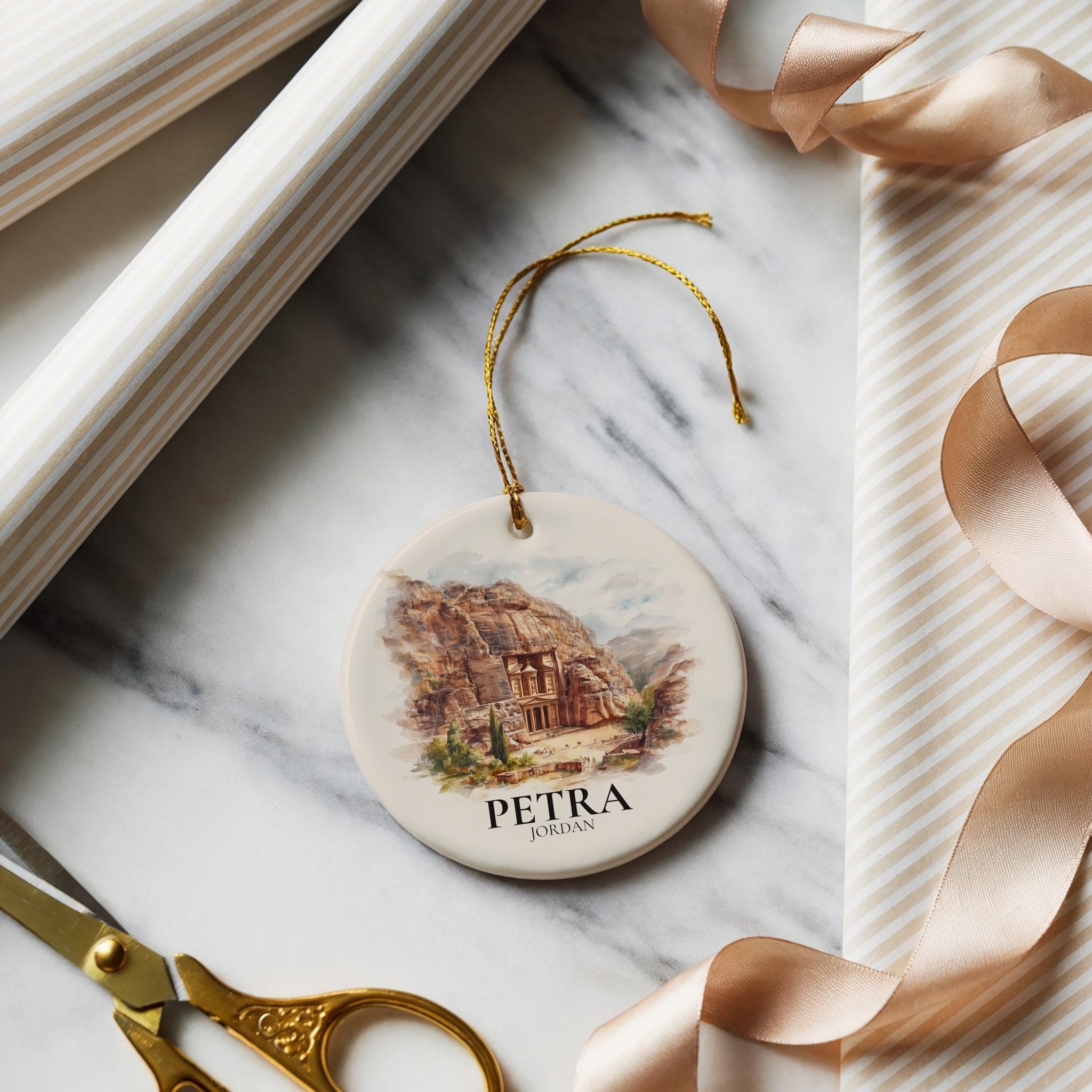 Petra Jordan Personalized Watercolor Ornament, Custom Ceramic Christmas gift, Travel Keepsake - CuteBeePix