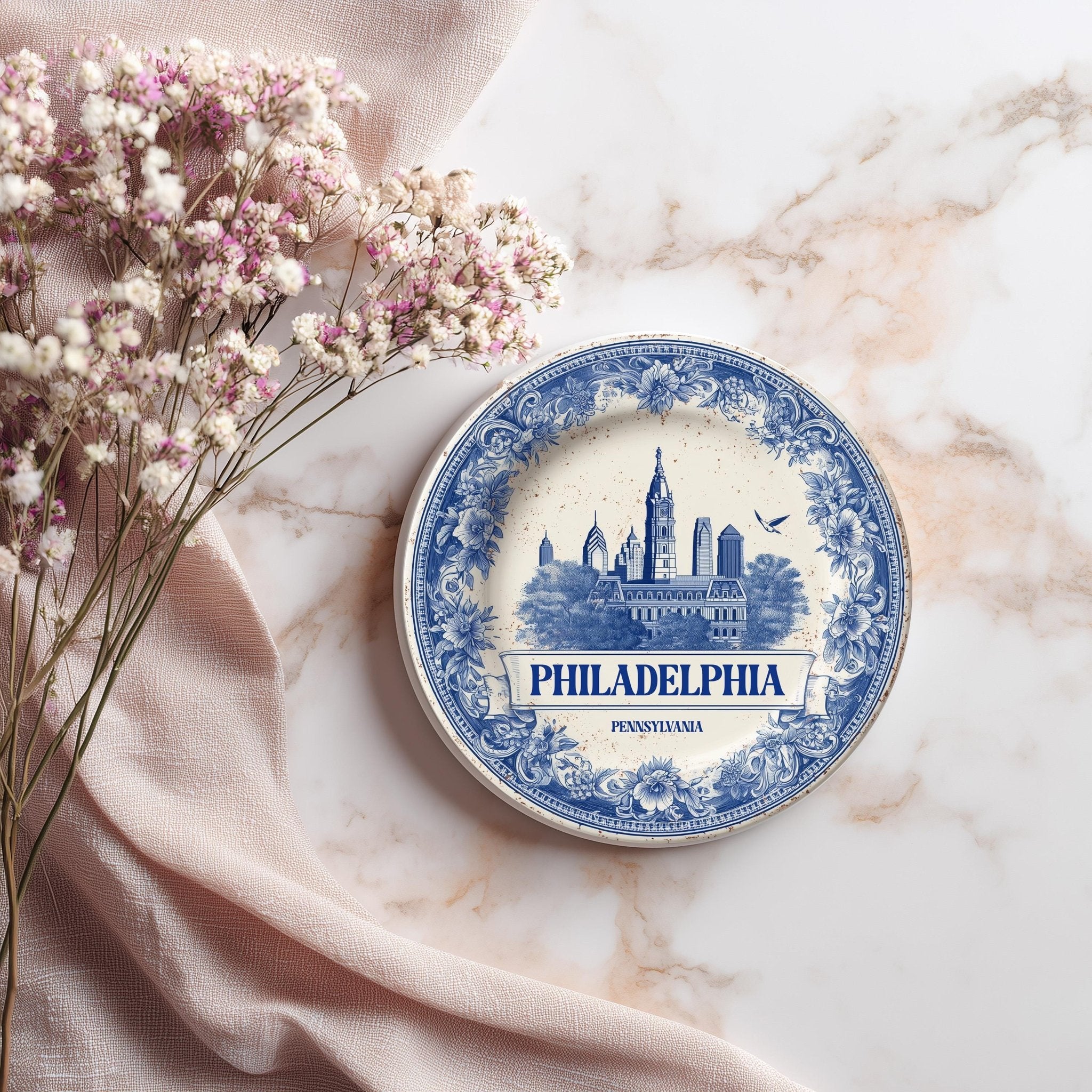 Philadelphia Pennsylvania Delftware Ceramic Coaster, Blue White Travel Gift, Vintage Home Decor Collectible - CuteBeePix