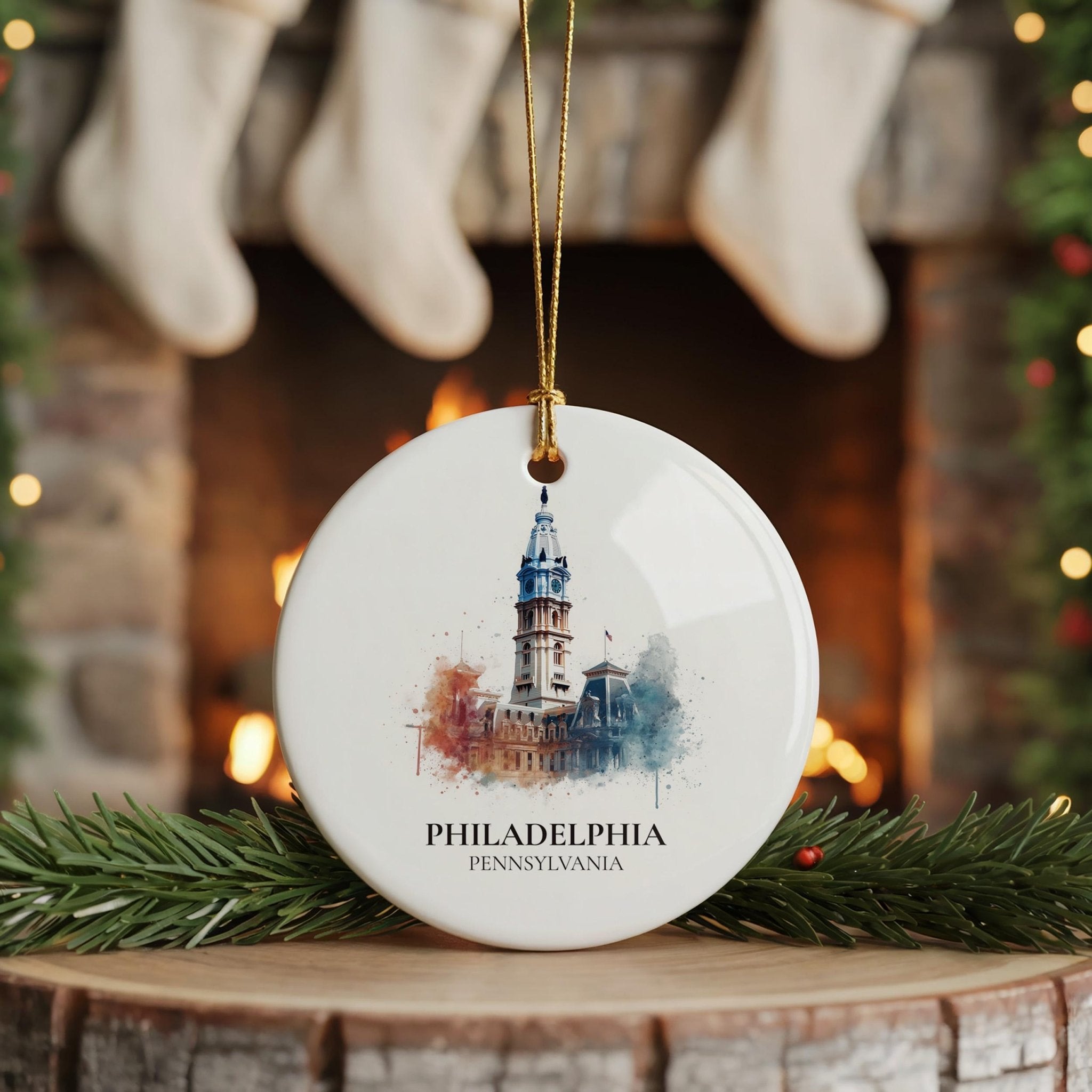 Philadelphia Pennsylvania Personalized Watercolor Ornament, Custom Ceramic Christmas gift, Travel Keepsake - CuteBeePix