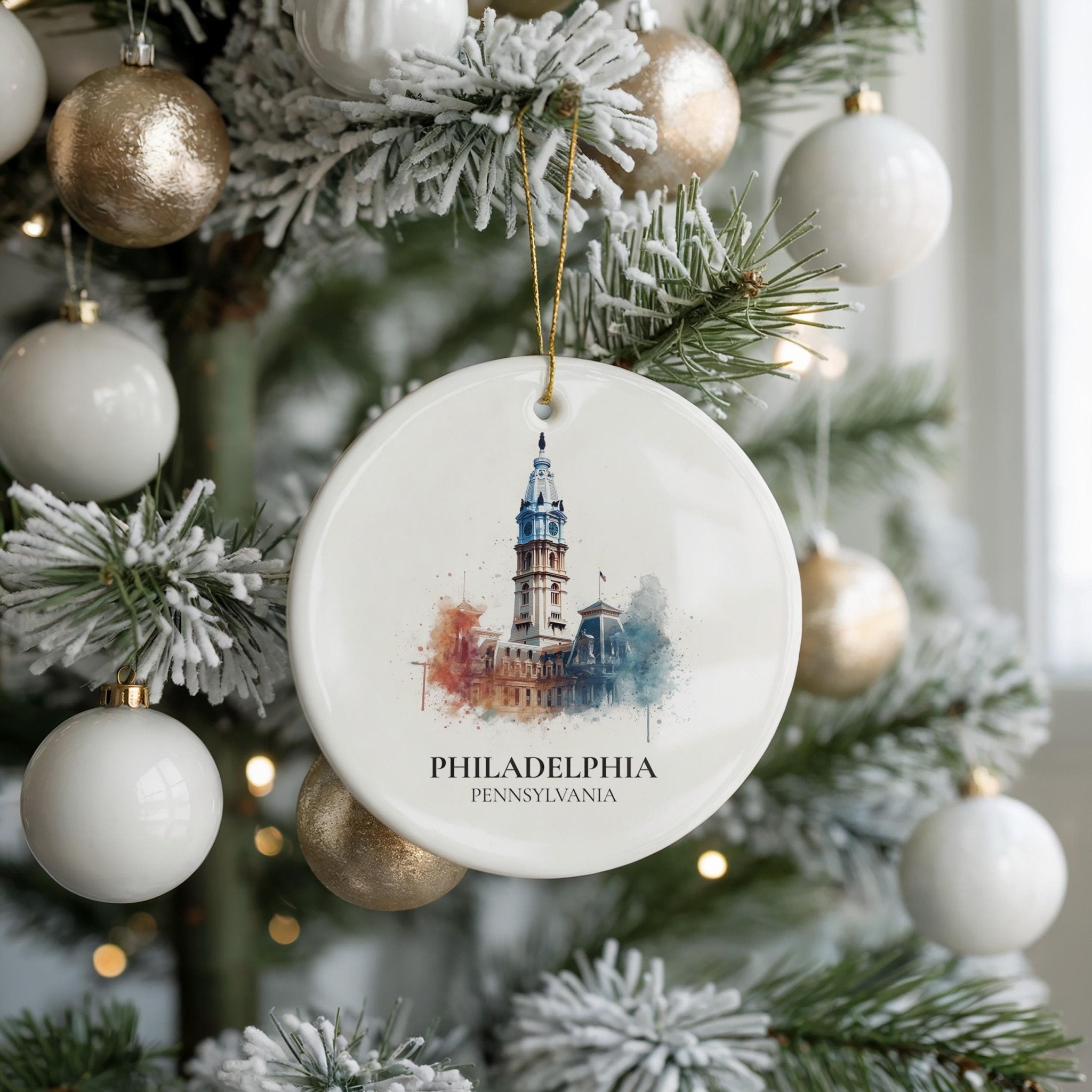 Philadelphia Pennsylvania Personalized Watercolor Ornament, Custom Ceramic Christmas gift, Travel Keepsake - CuteBeePix