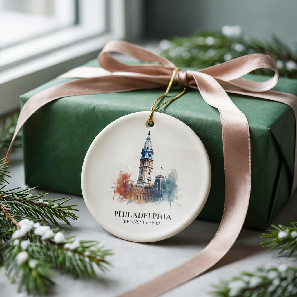 Philadelphia Pennsylvania Personalized Watercolor Ornament, Custom Ceramic Christmas gift, Travel Keepsake - CuteBeePix