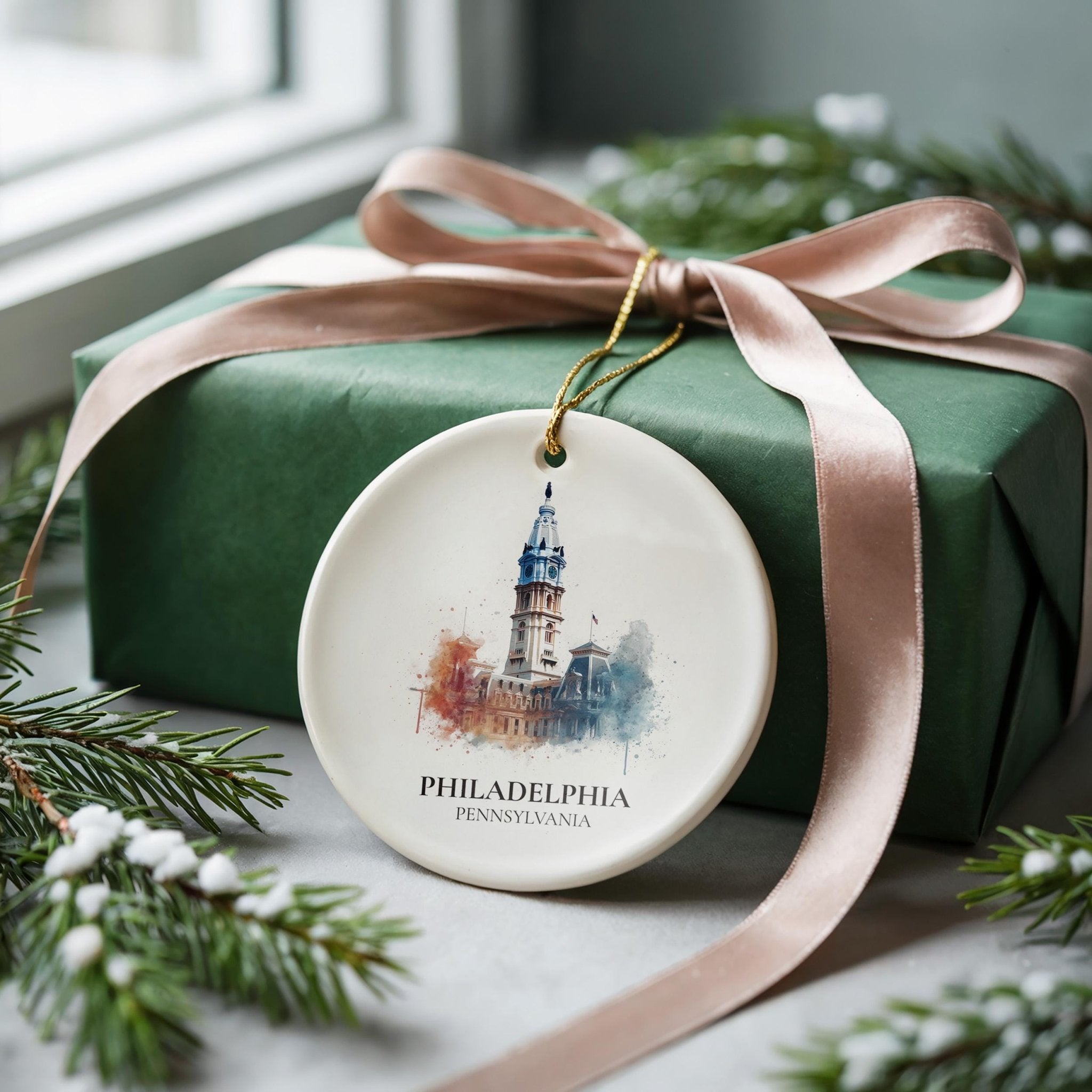 Philadelphia Pennsylvania Personalized Watercolor Ornament, Custom Ceramic Christmas gift, Travel Keepsake - CuteBeePix